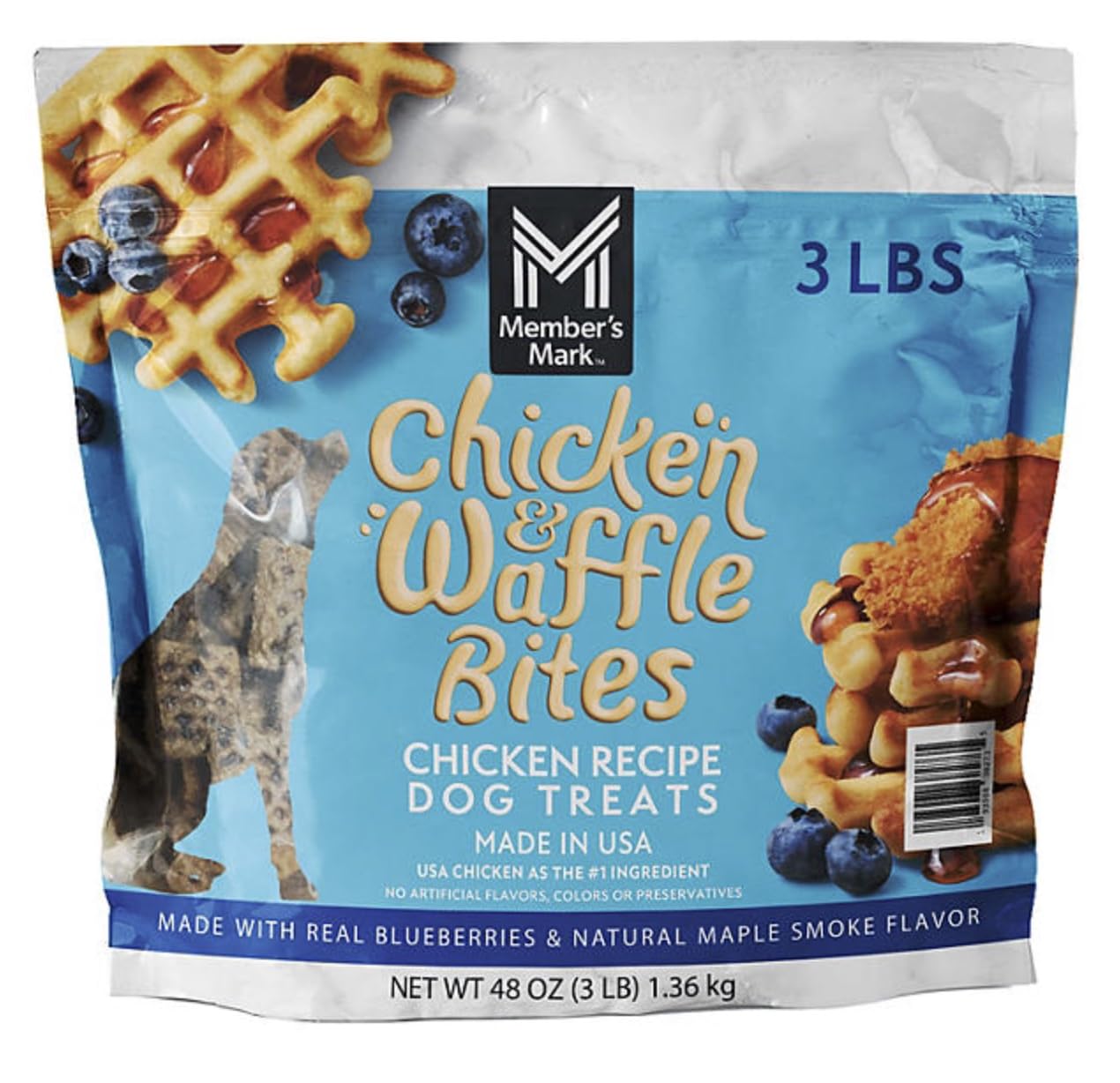 Member Mark Chicken & Waffle Bites Dog Treats - 48 oz (3 lbs) - Chicken Recipe Made with Real Blueberries & Natural Maple Smoke 