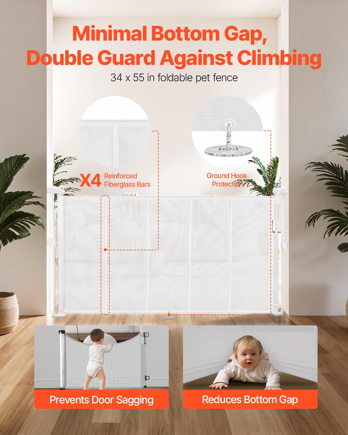 VEVOR Retractable Baby Gate, 34 inch Tall, Extends up to 55 inch Wide, Retractable Gate for Kids or Pets, Mesh Material, Easy to