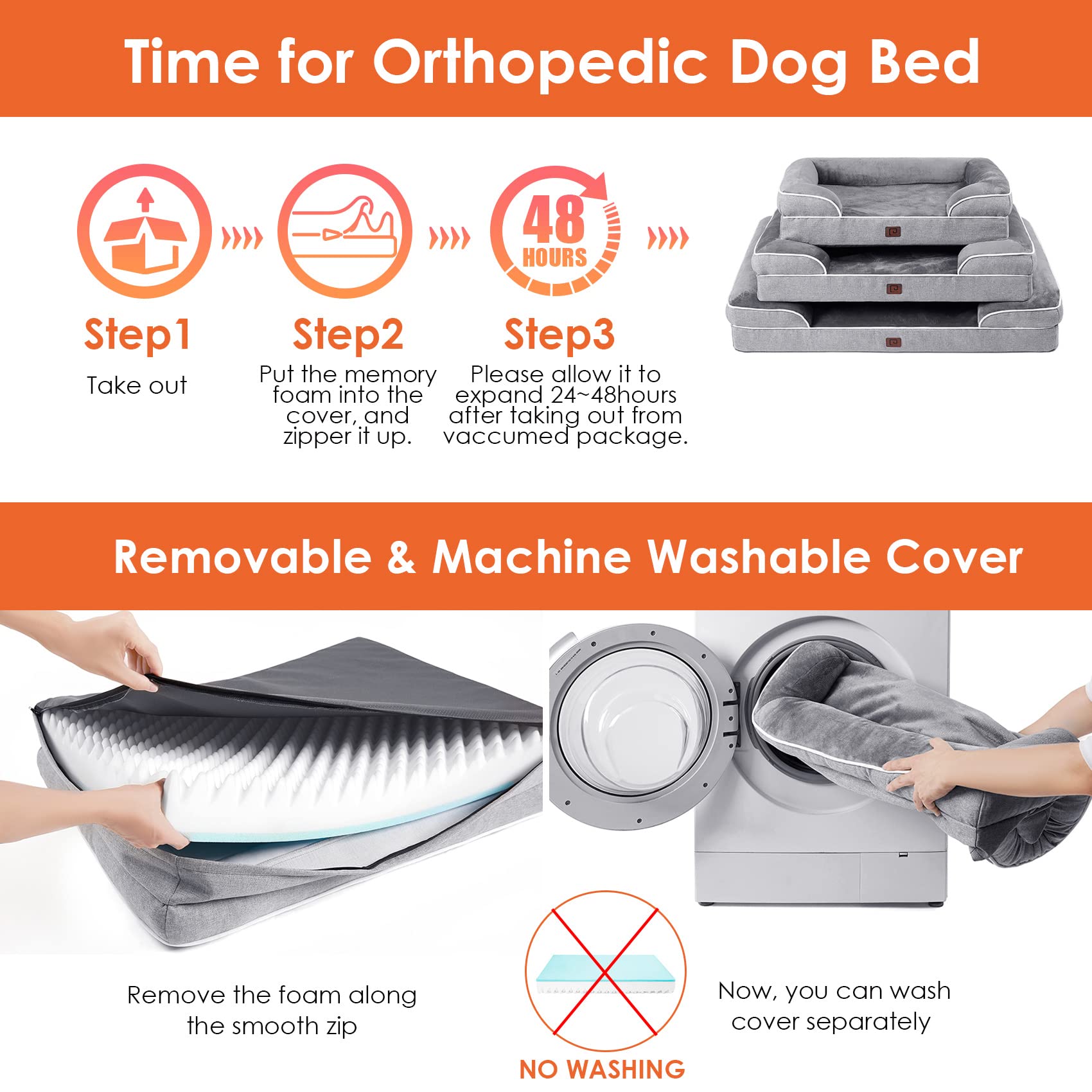 Eheyciga Orthopedic Dog Beds For Large Dogs, Waterproof Memory Foam Bed With Sides, Non-Slip Bottom And Egg-Crate Foam Couch Bed With Washable Removable Cover, Grey