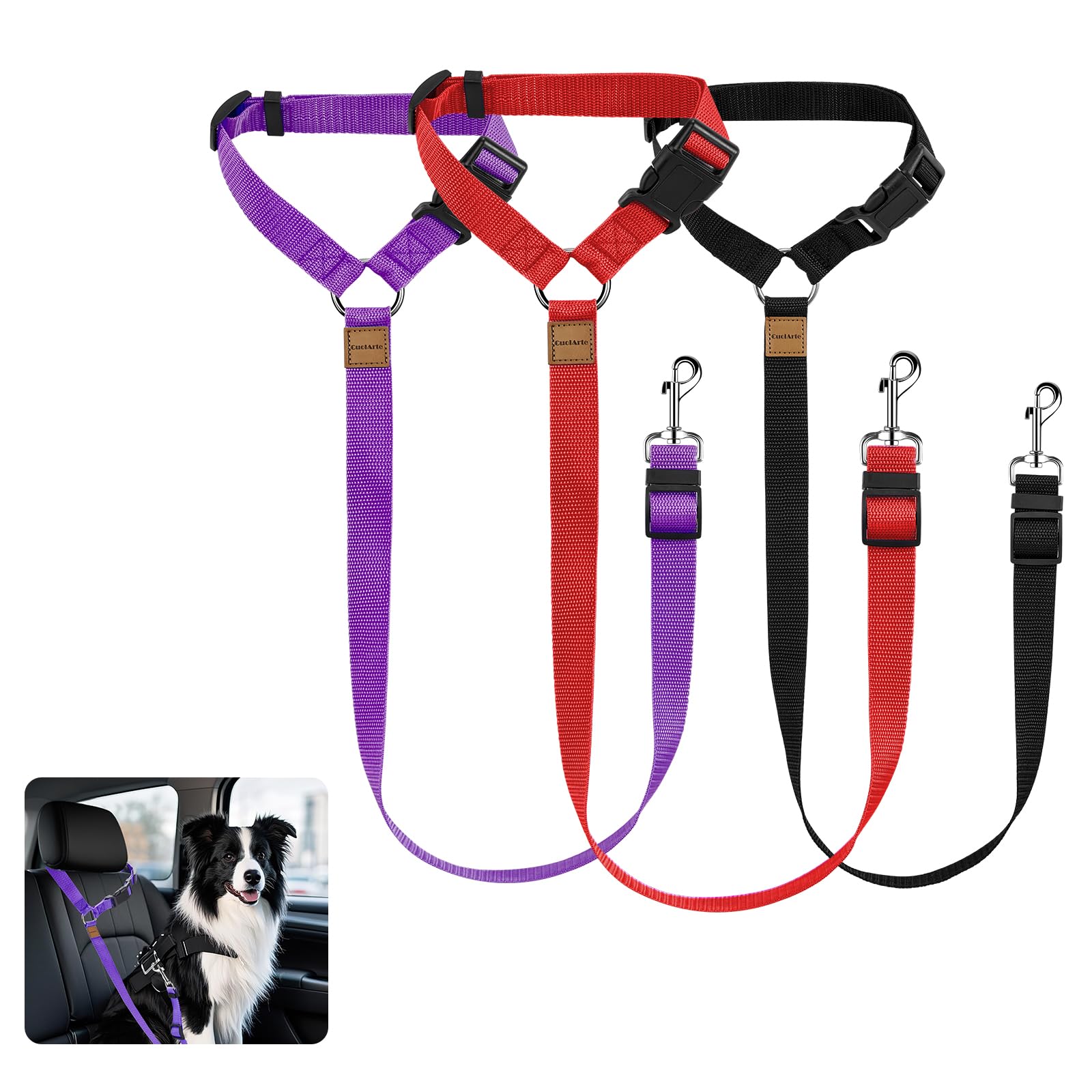 3 Pack Dog Seat Belt For Car, Car Headrest Restraint Adjustable Nylon Fabric, Dog Restraints Vehicle Seatbelts Harness (Black & 