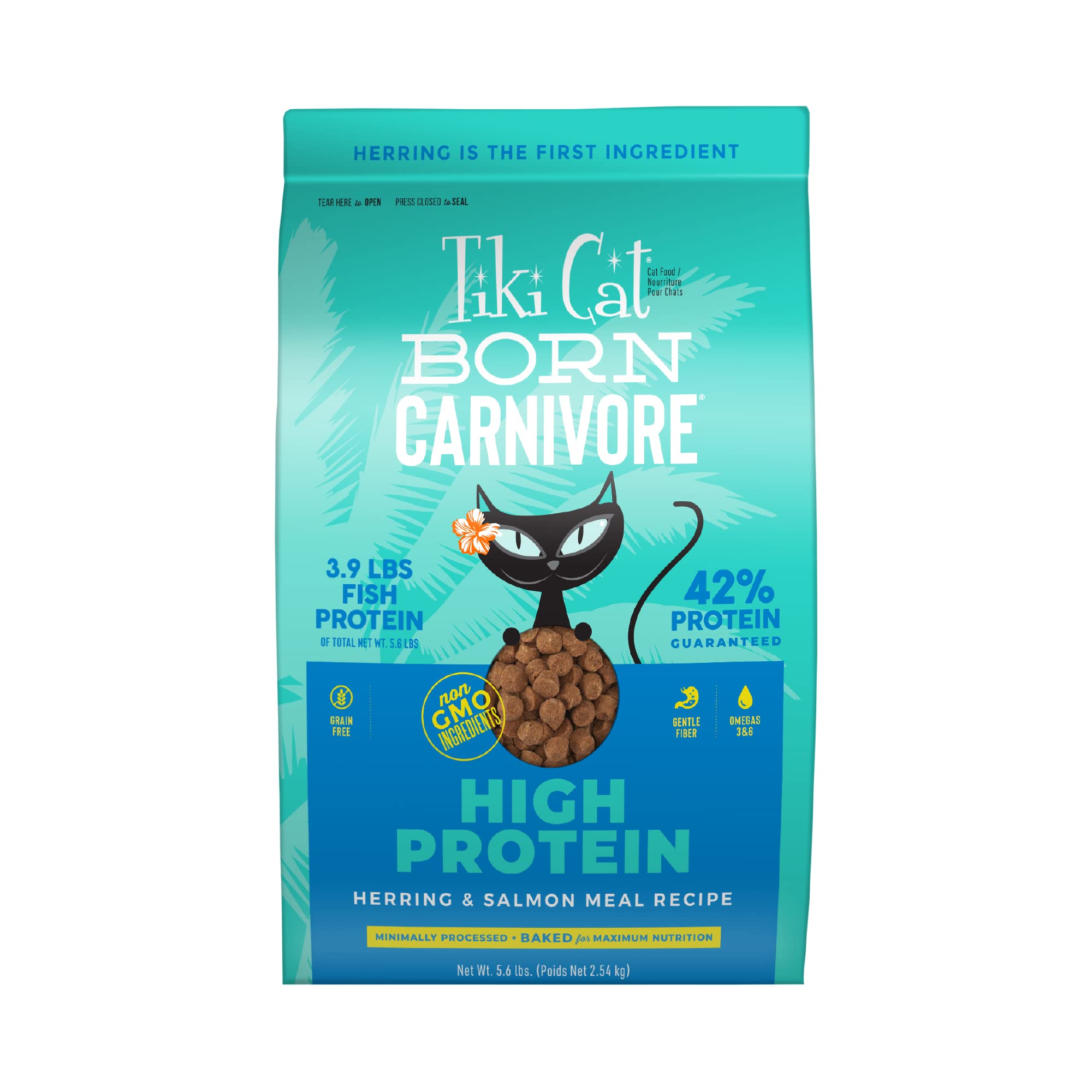 Tiki Cat Born Carnivore High Protein, Herring & Salmon Meal, Grain-Free Baked Kibble to Maximize Nutrients, Dry Cat Food, 5.6 lb
