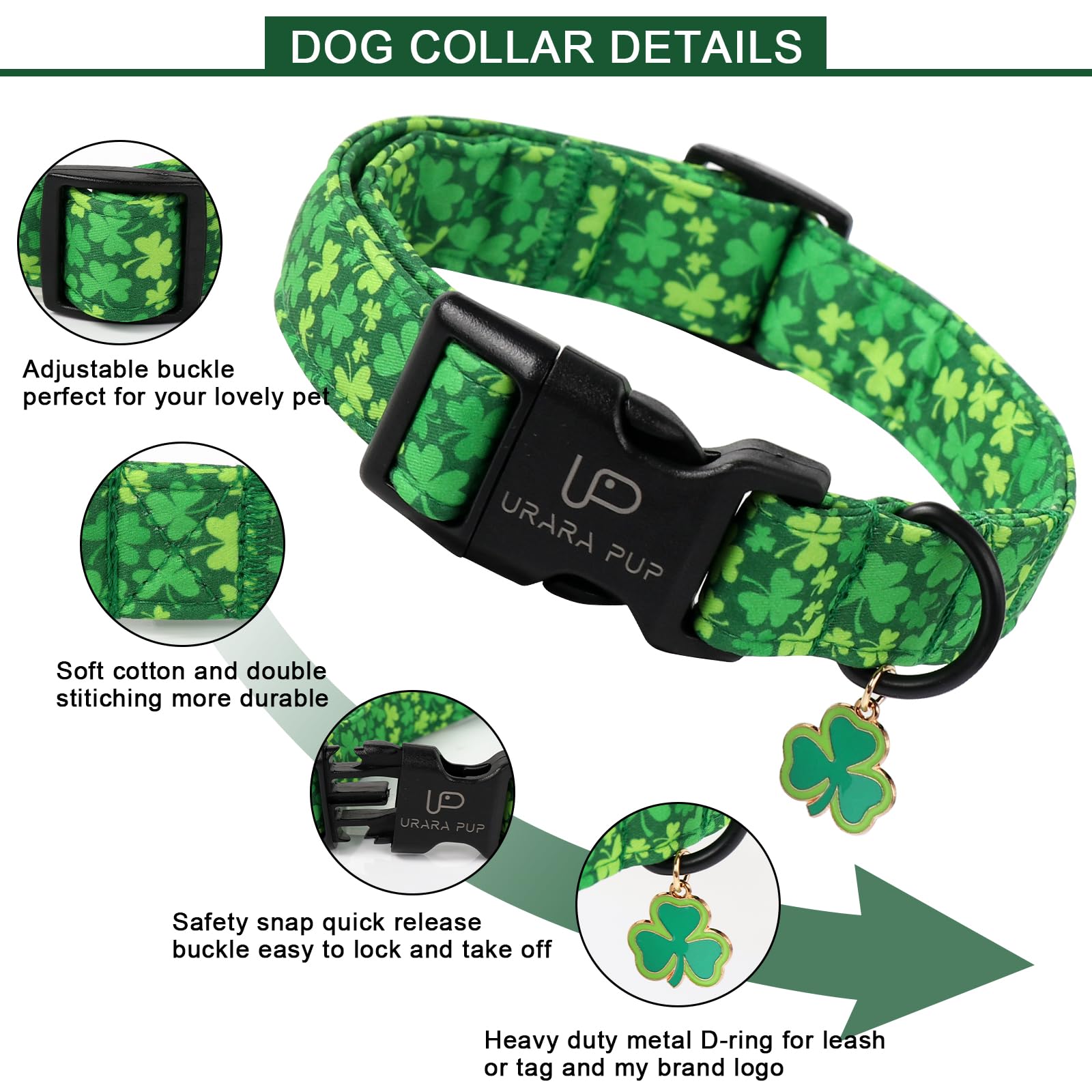 Up Urara Pup St. Patrick'S Dog Collar, Lucky Clover Pet Collar With Quick Release, Comfortable Adjustable Shamrock Puppy Collar