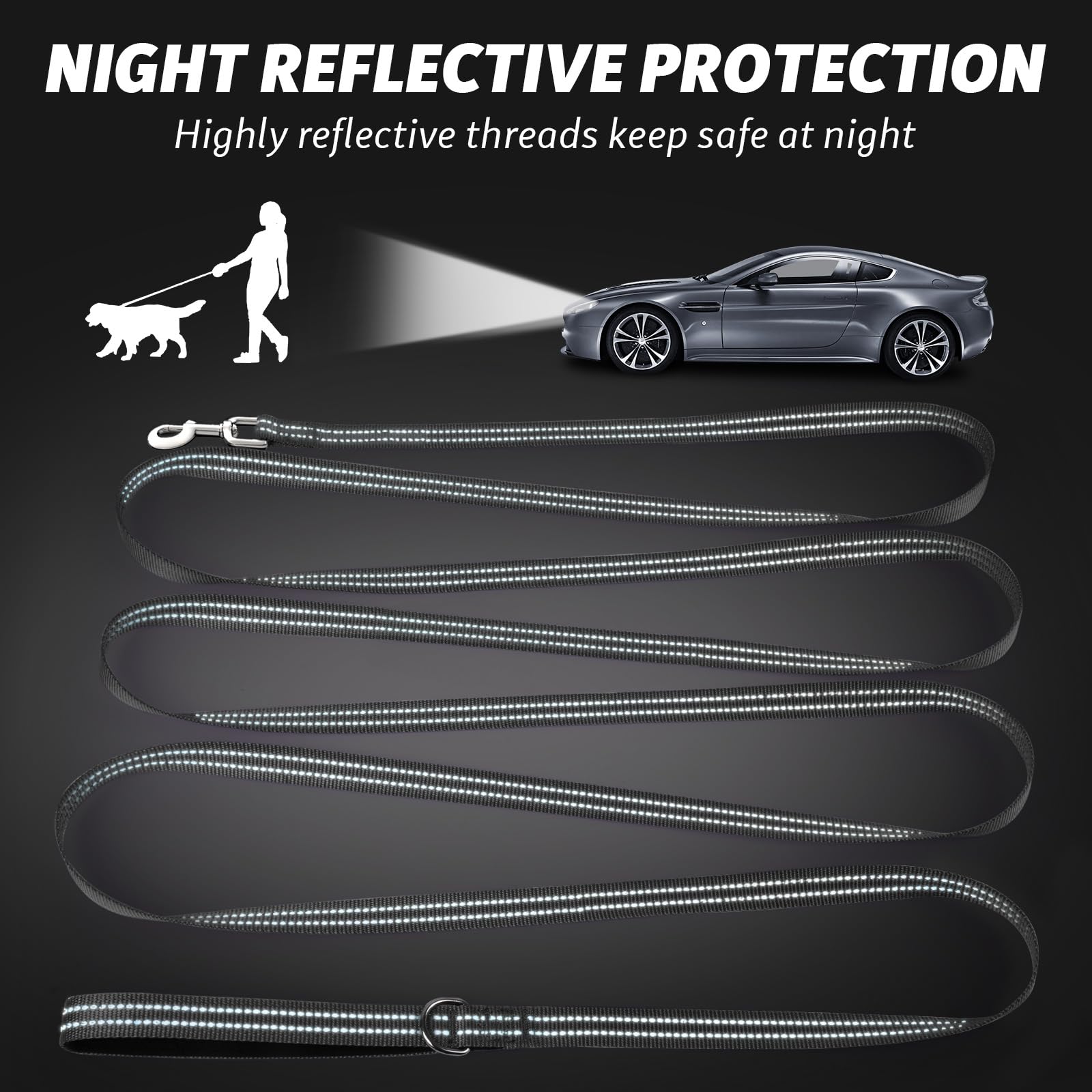 Xiaz 20 Feet Dog Training Leash, Nylon, Black, Reflective, Padded Handle, 550 Lbs Bearing, Lightweight Suitable For Small, Mediu