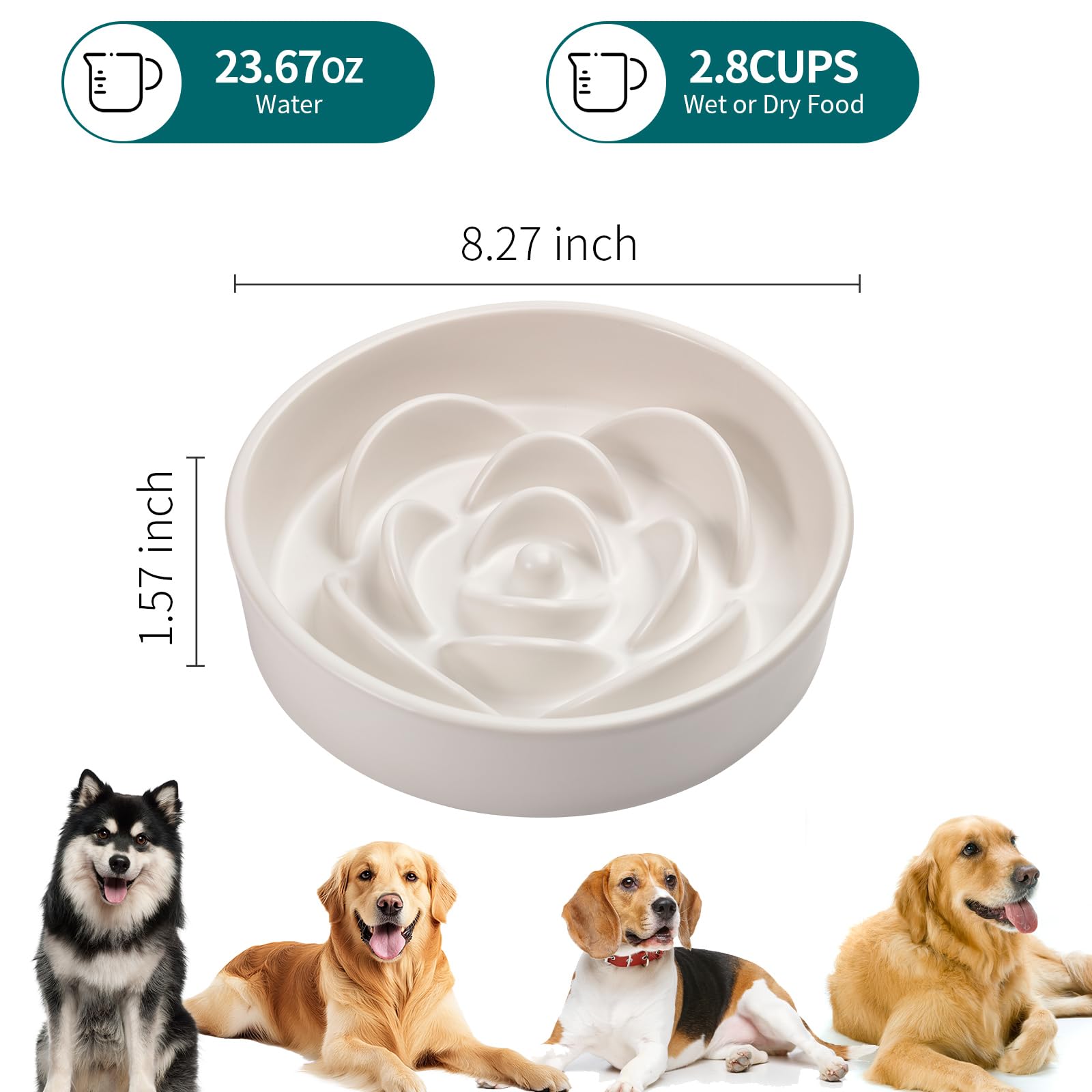 8.26 in White Ceramic Slow Feeder Dog Bowl for Medium and Large Breed,Pet Feeding Dog Food Water Dish Heavy Wighted,Puppy Bowl f