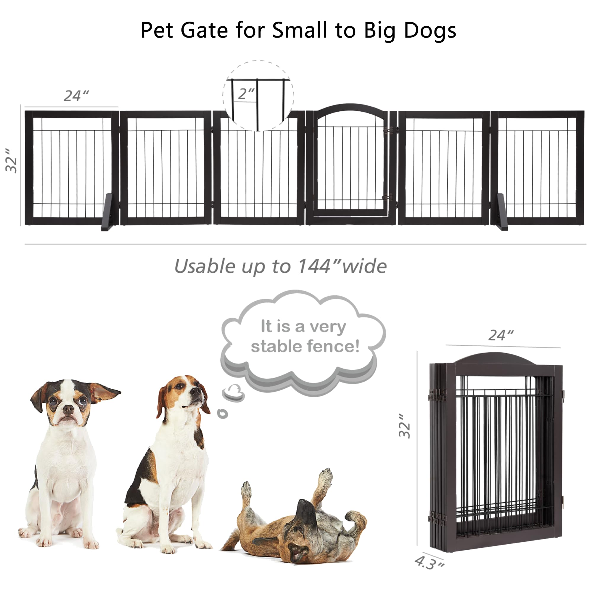 Pawland 144-Inch Extra Wide 30-Inches Tall Dog Gate With Door Walk Through, Freestanding Wire Pet Gate For The House, Doorway, Stairs, Pet Puppy Safety Fence, Support Feet Included, Espresso,6 Panels
