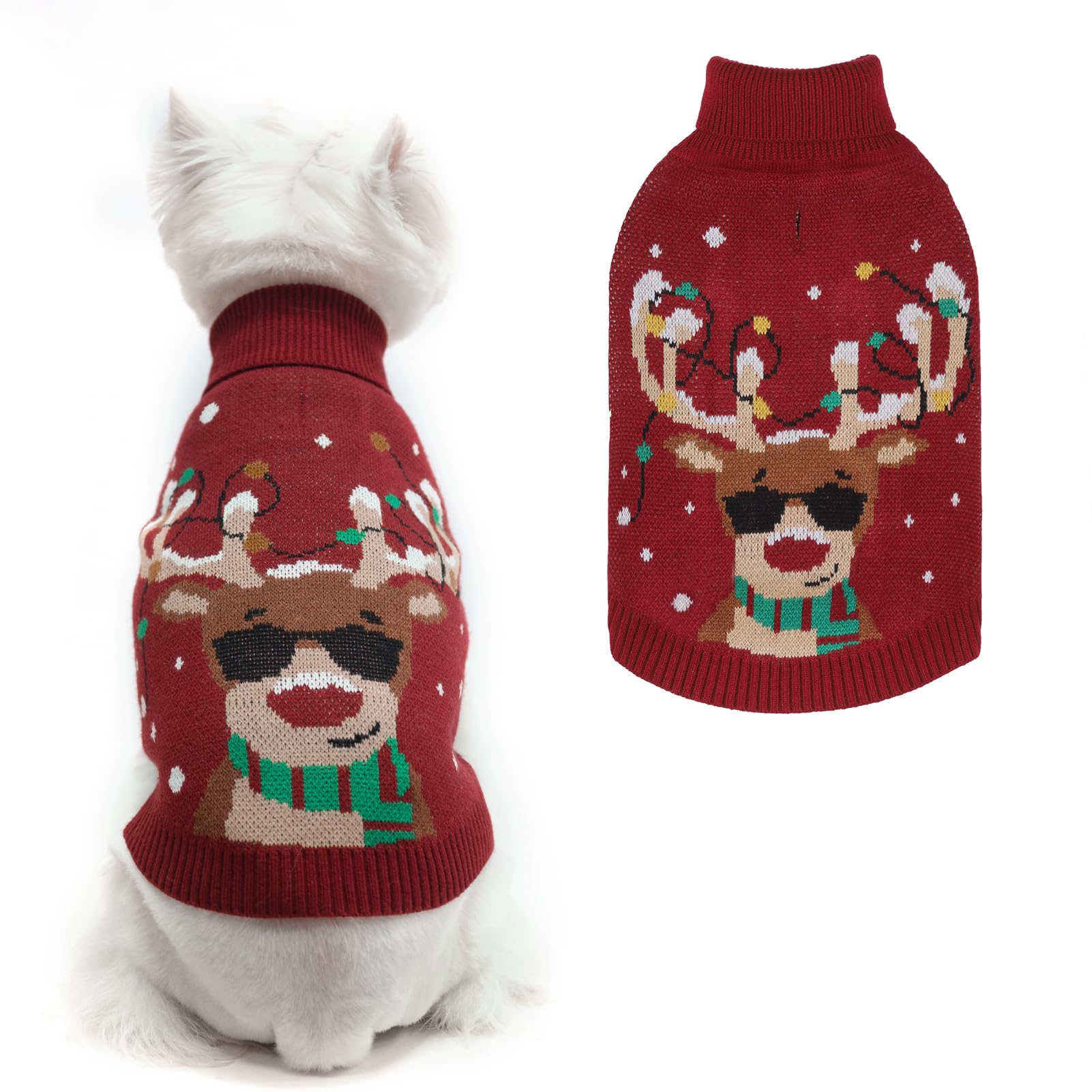 Pawchie Christmas Dog Sweater Turtleneck Outfit With Leash Hole, Knitted Pet Winter Warm Clothes For Small Dogs Boy Girl