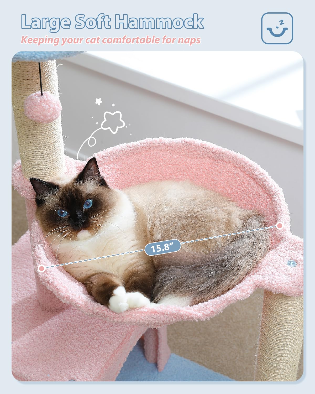 Muttros Flower Cat Tree With Large Metal Frame Hammock, 35' Pink Cat Tower With Sisal Scratching Posts For Small Indoor Cats, Cat Condo With Blue Top Perch For Kittens, Fluffy Ball, Pink