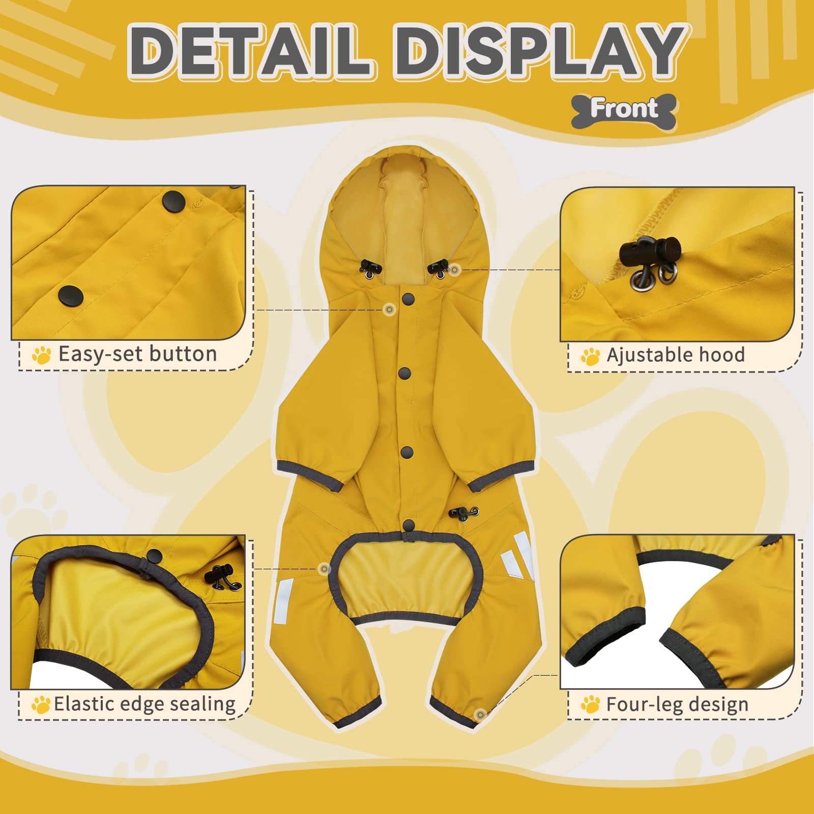Dog Raincoat, Waterproof Dog Rain Jacket with Hood, Dog Rain Coat with Leash Hole, Reflective Strap for Small Medium Dogs, Light
