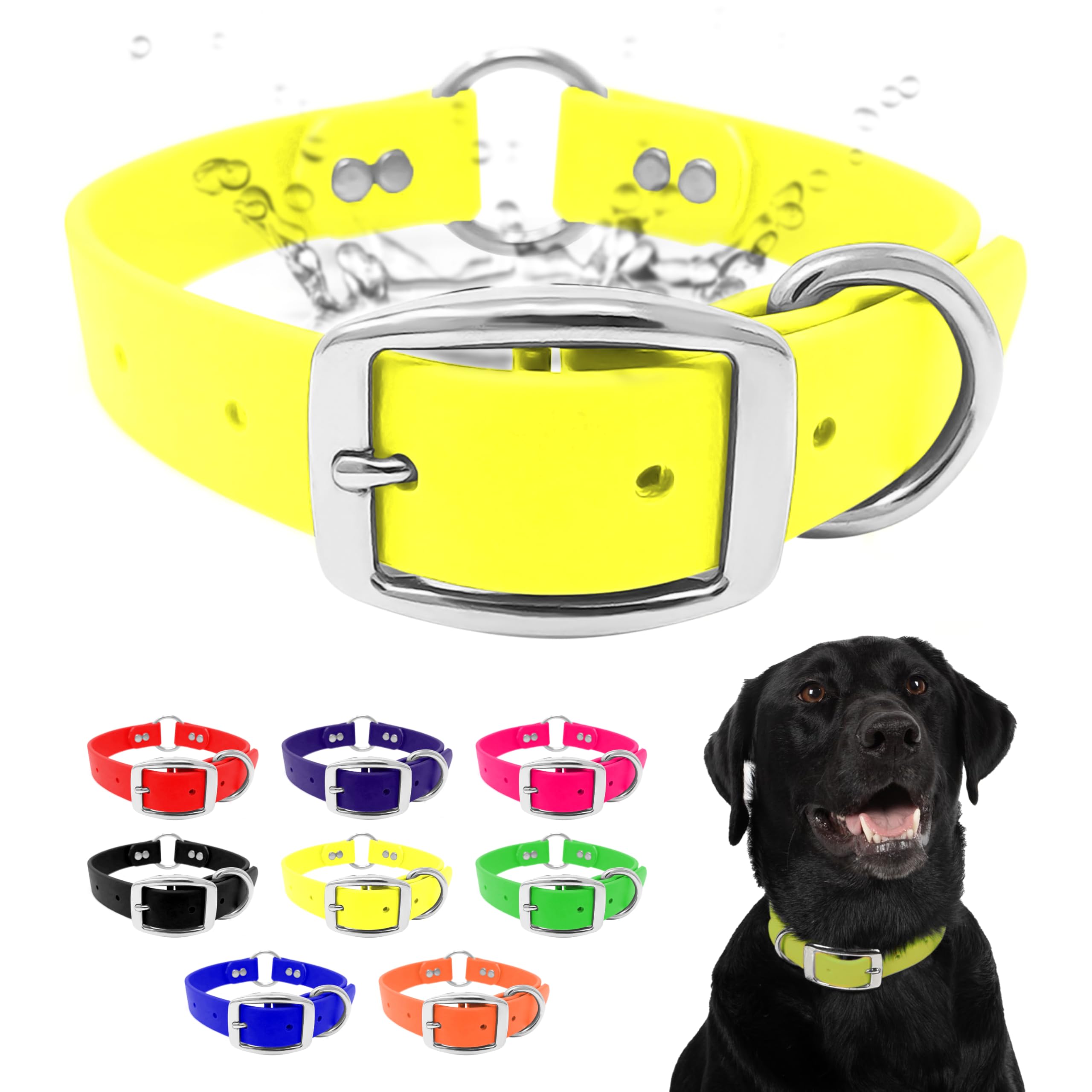 Regal Dog Products Small Yellow Dog Collar With Heavy Duty Double Buckle & D Ring | Vinyl Coated, Custom Fit, Adjustable Biothan