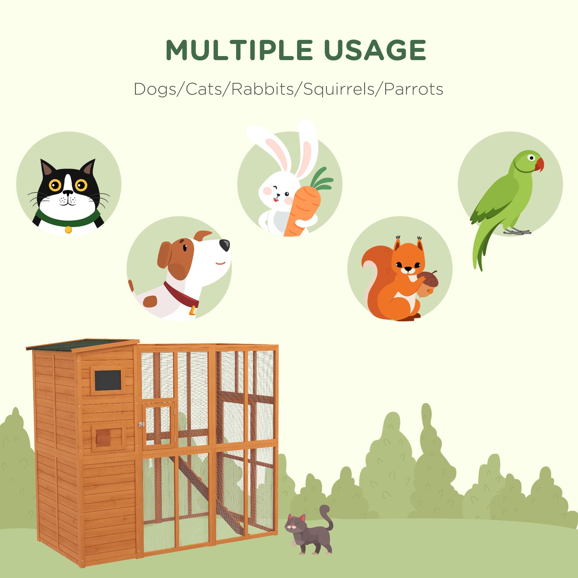 Pawhut Catio Outdoor Cat Enclosure, Wooden Cat Patio Cat Window Box With Platforms, Waterproof Asphalt Roof, Ramps, 77' L, Natural