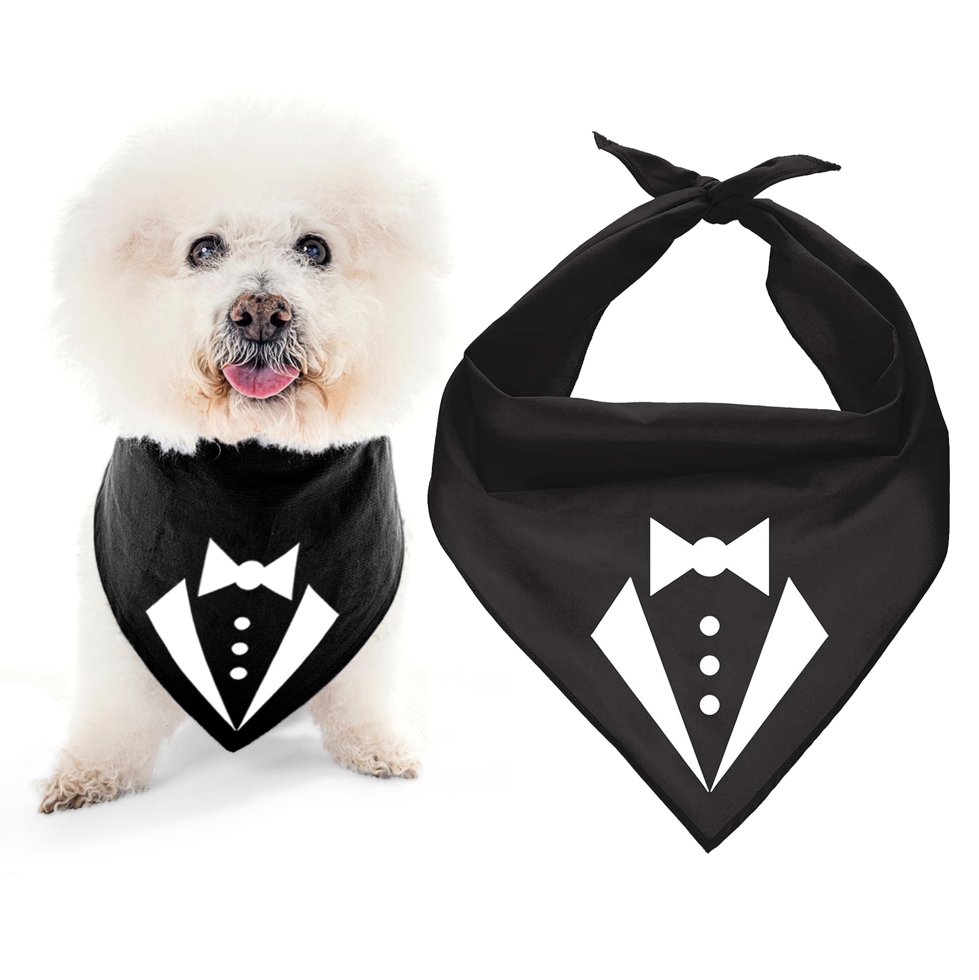 Parisian Pet Dog Bandanas With Printed 'Texedo' - Tie-On Adjustable Polyester Dog Tuxedo Bandana - Dog Scarf For Small Dogs - Washable Triangle Dog Bib - Black Handkerchief For Male Pets - S