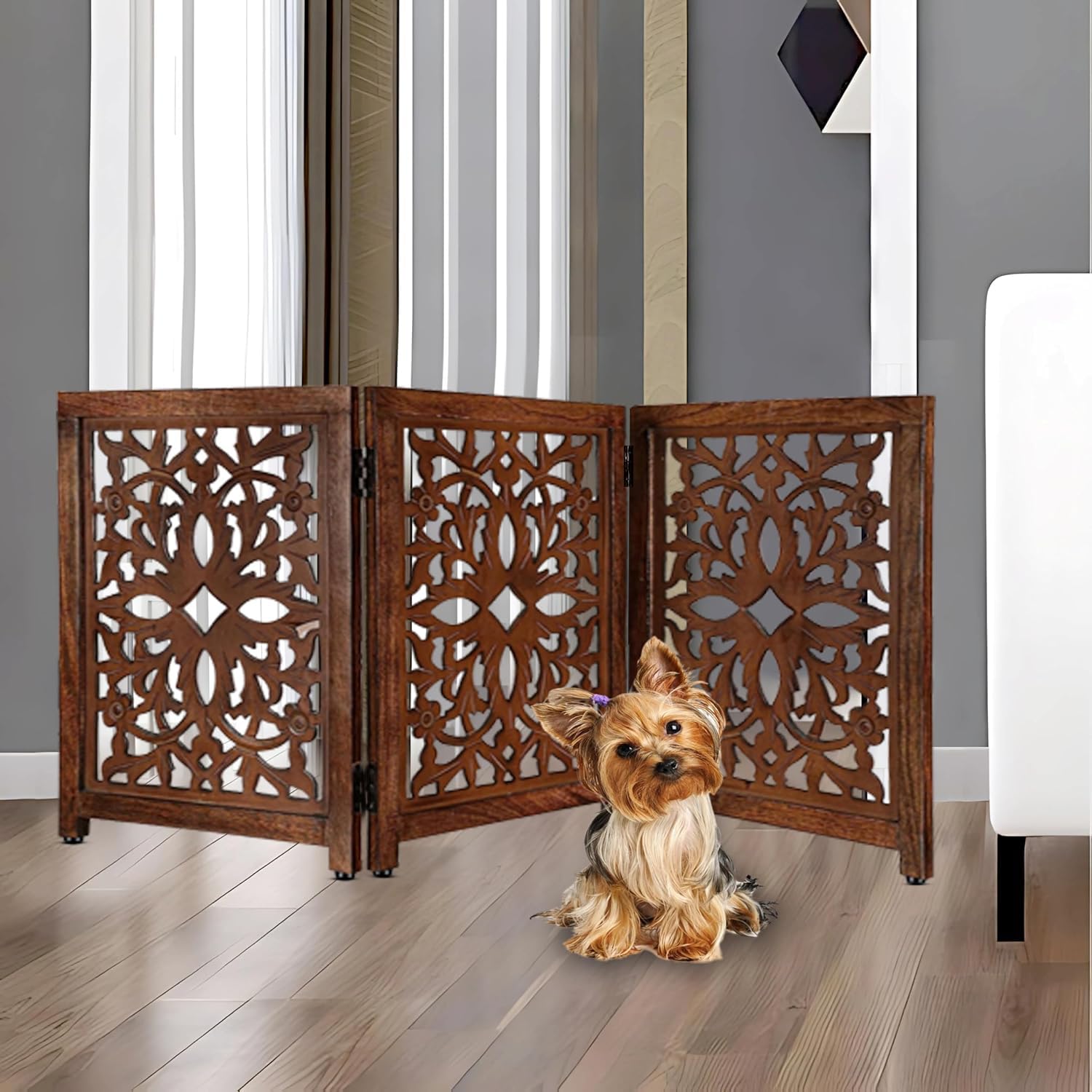Lightnpro Wooden Pet Gate - Foldable Carved Dog Gate, Extra-Wide Freestanding Indoor Safety Barrier for Dogs & Cats, Perfect for