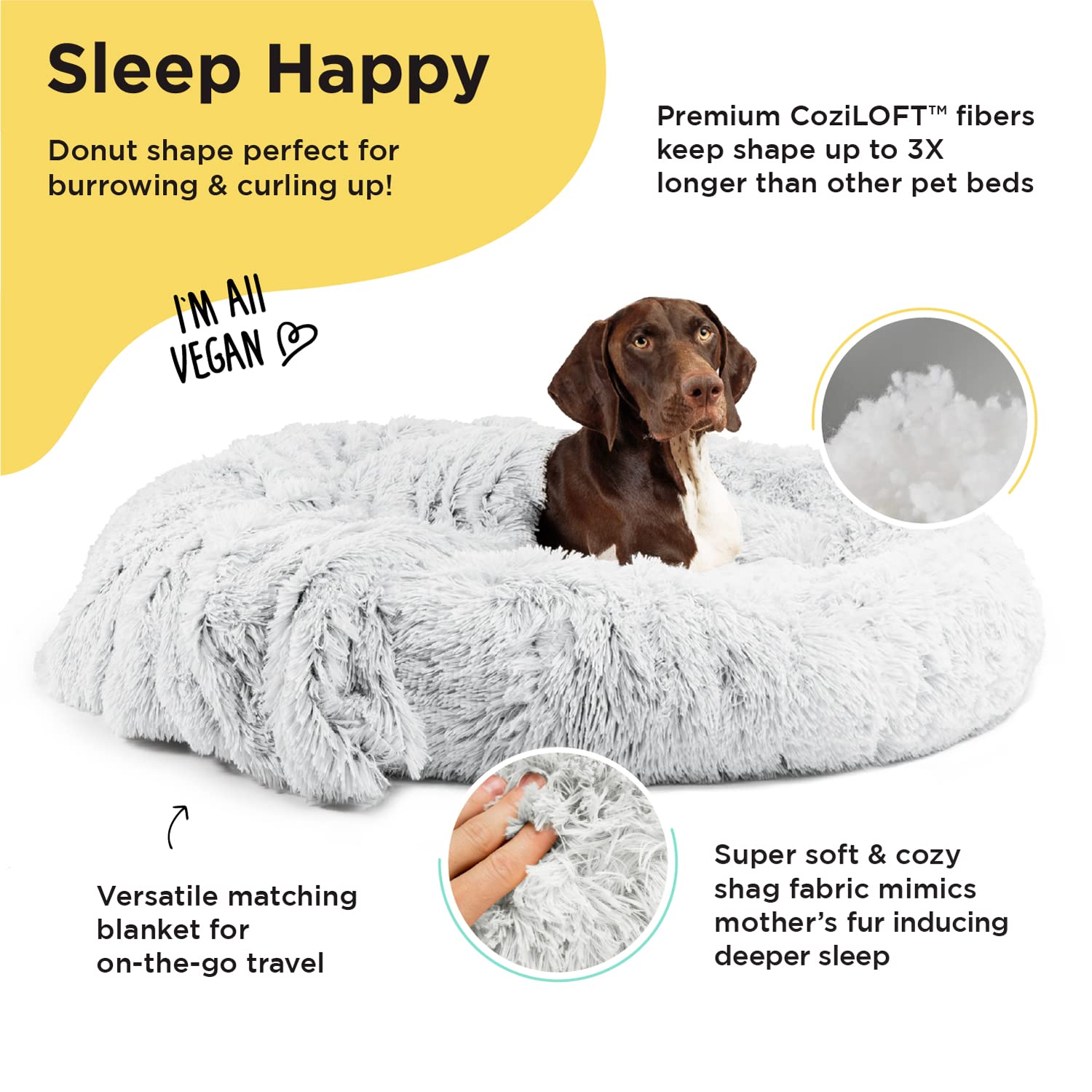 Best Friends by Sheri Bundle Set The Original Calming Shag Donut Cuddler Cat and Dog Bed + Pet Throw Blanket, Frost, Extra Large