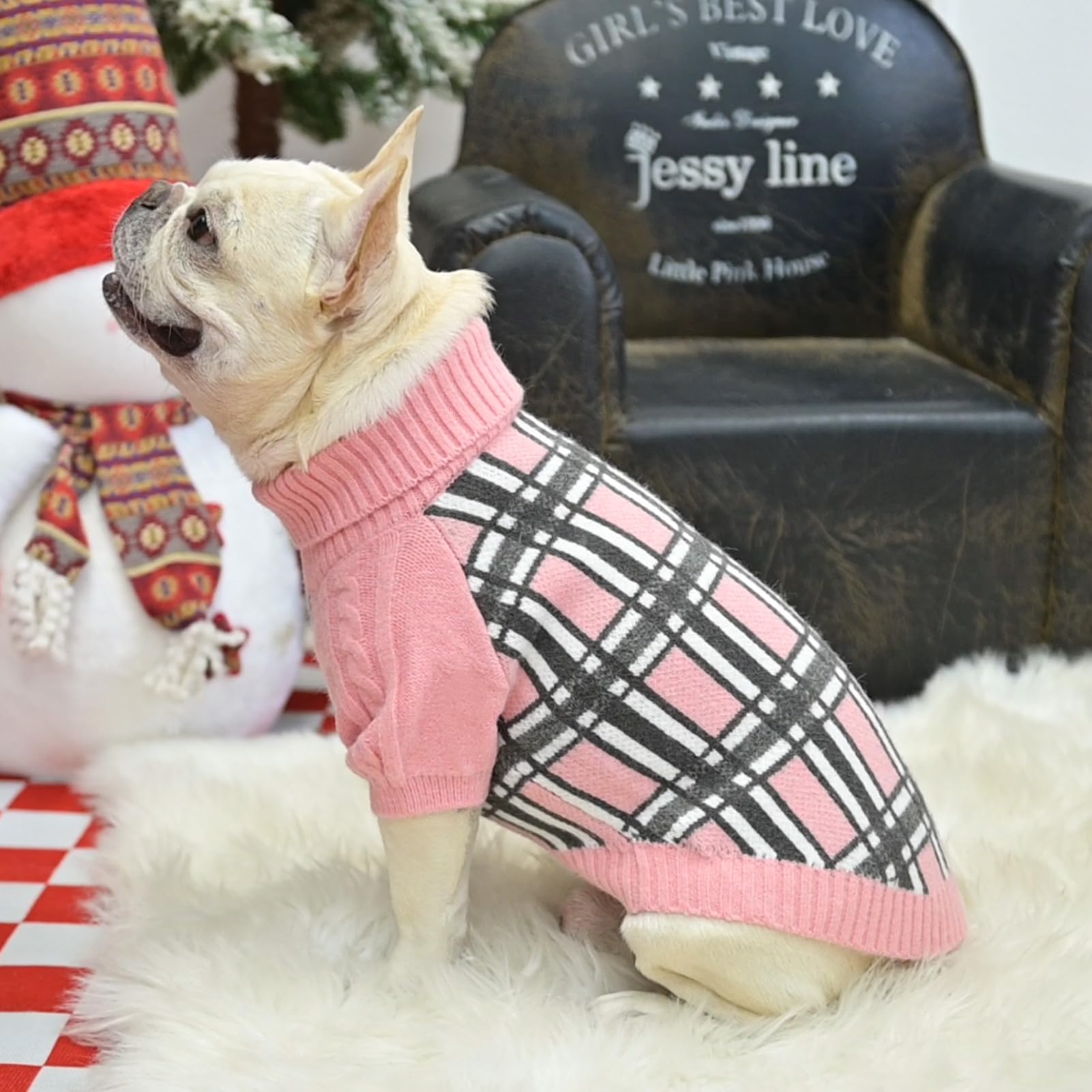 Scenereal Plaid Large Dog Sweater, Cable Knitted Pullover For Boys & Girls In Winter, Big Turtleneck Thick Warm Clothes, Outfit