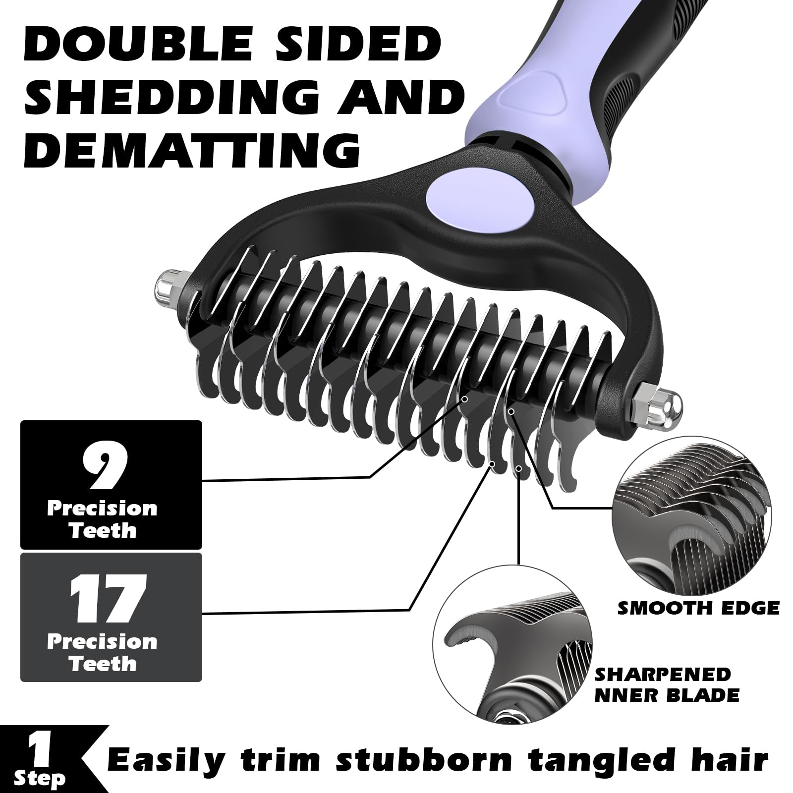 Augwind 3PCS Self Cleaning Pet Grooming Set - Slicker Brush, Rake & Flea Comb, Nylon, Light Purple Black
