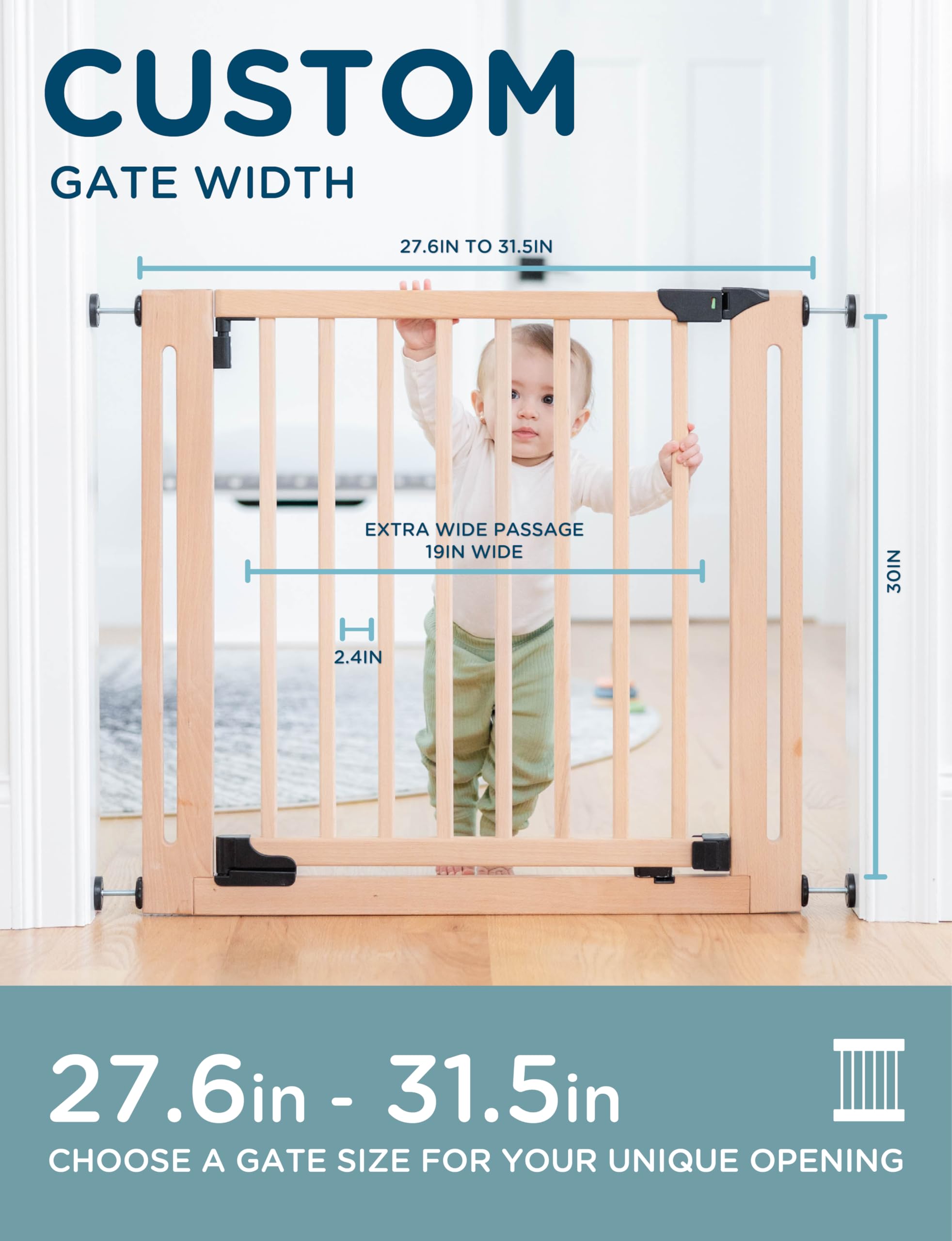 SizeWise Wood Pressure Mounted Safety Gate 27.6-31.5 | Extra-Wide Passage | Auto-Close Two-Way Opening for Doorways and Hallways