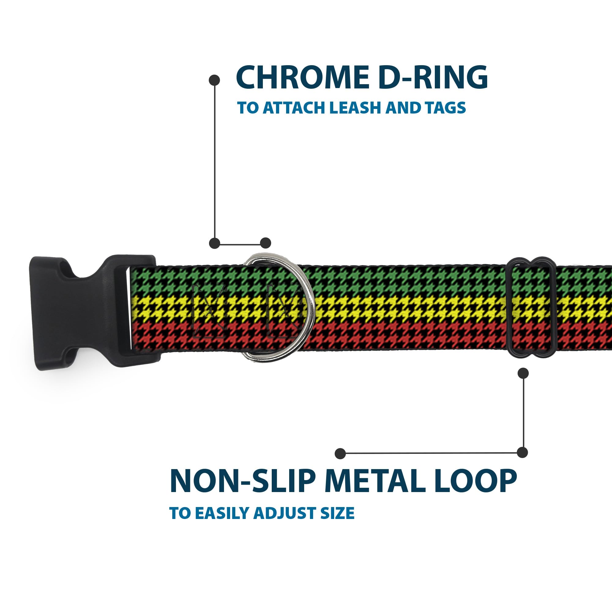 Buckle-Down Plastic Clip Collar - Houndstooth Black/Rasta - 1' Wide - Fits 9-15' Neck - Small