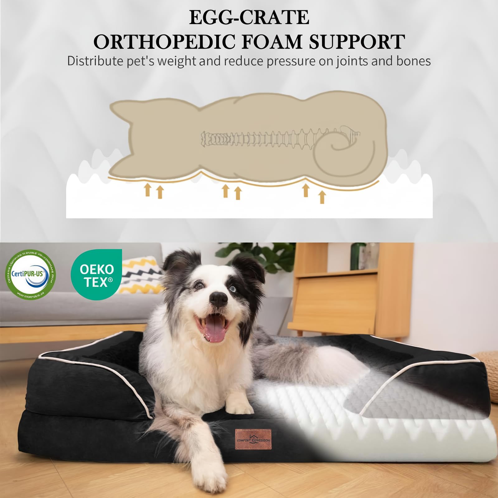Comfort Expression Orthopedic Dog Bed for Large Dogs 38x25 Inch, Waterproof Supportive Egg Crate Foam Large Pet Bed with Removab