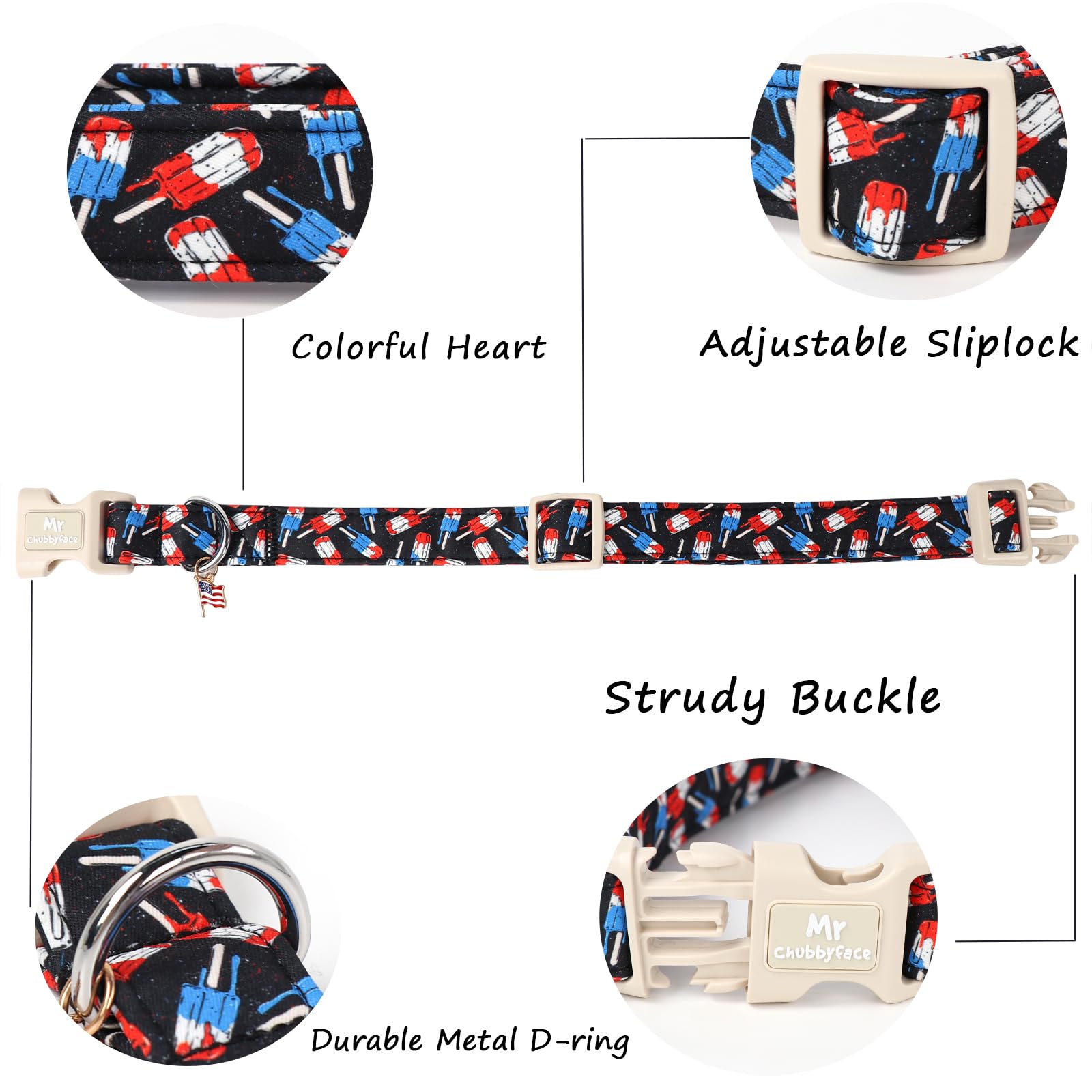 Mr.Chubbyface Summer Dog Collar, Durable Popcile Dog Collars, Adjustable Soft 4Th Of July Pet Collar For Small Large Medium Dogs