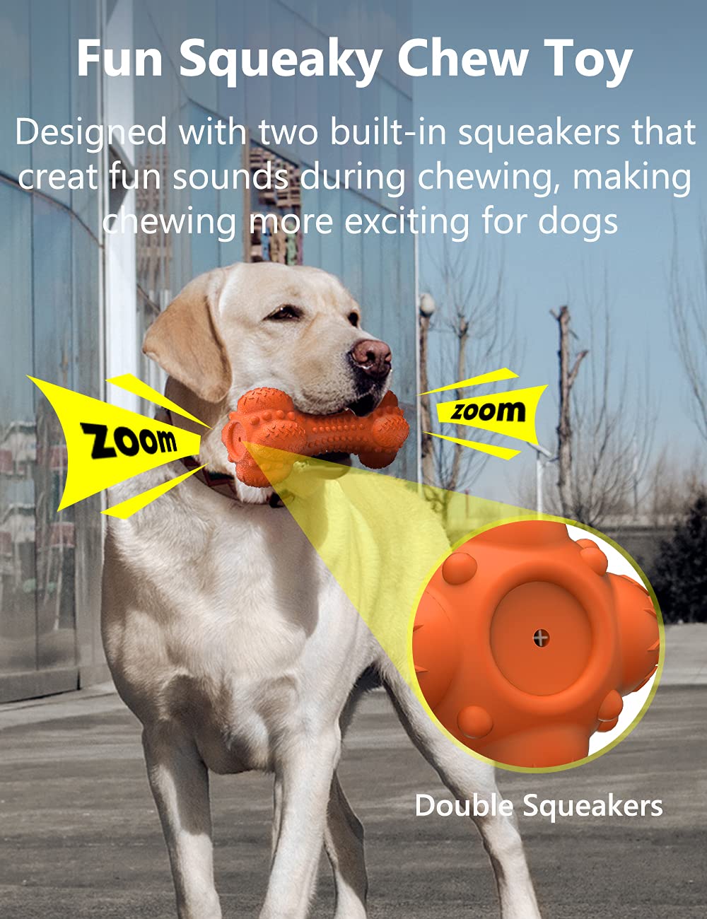 SCHITEC Squeaky Dog Chew Toy, Tough Durable Natural Rubber Bone with Toothbrush, Indestructible for Aggressive Chewers Large Med