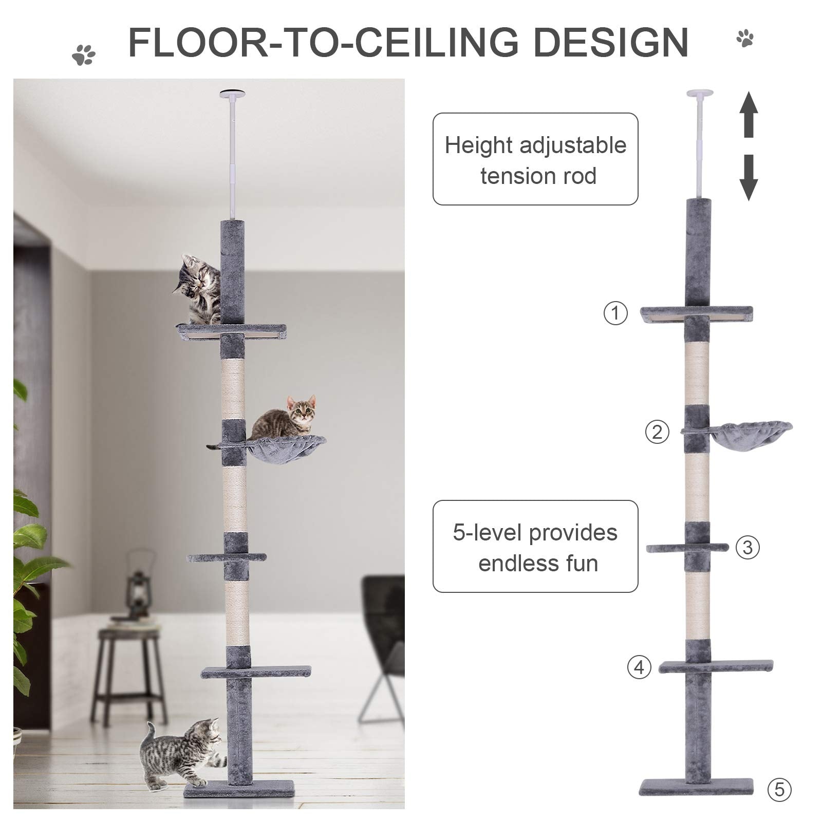 Pawhut 8.5' Adjustable Height Floor-To-Ceiling Vertical Cat Tree, Gray And White