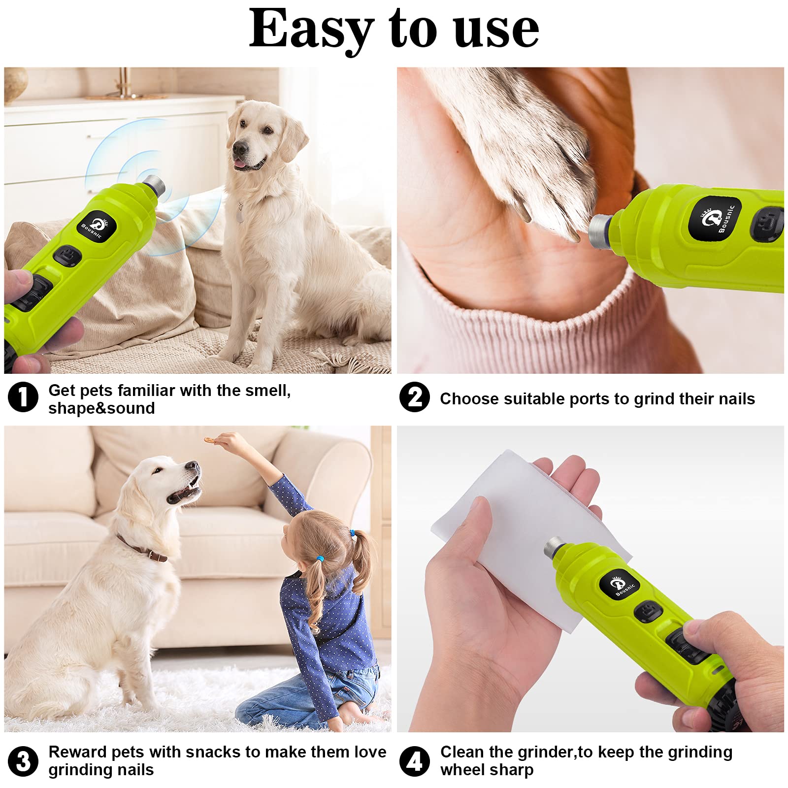 Bousnic Dog Nail Grinder With 2 Led Light - Super Quiet Pet Nail Grinder Powerful 2-Speed Electric Dog Nail Trimmer File Toenail Grinder For Puppy Small Medium Large Breed Dogs & Cats (Green)