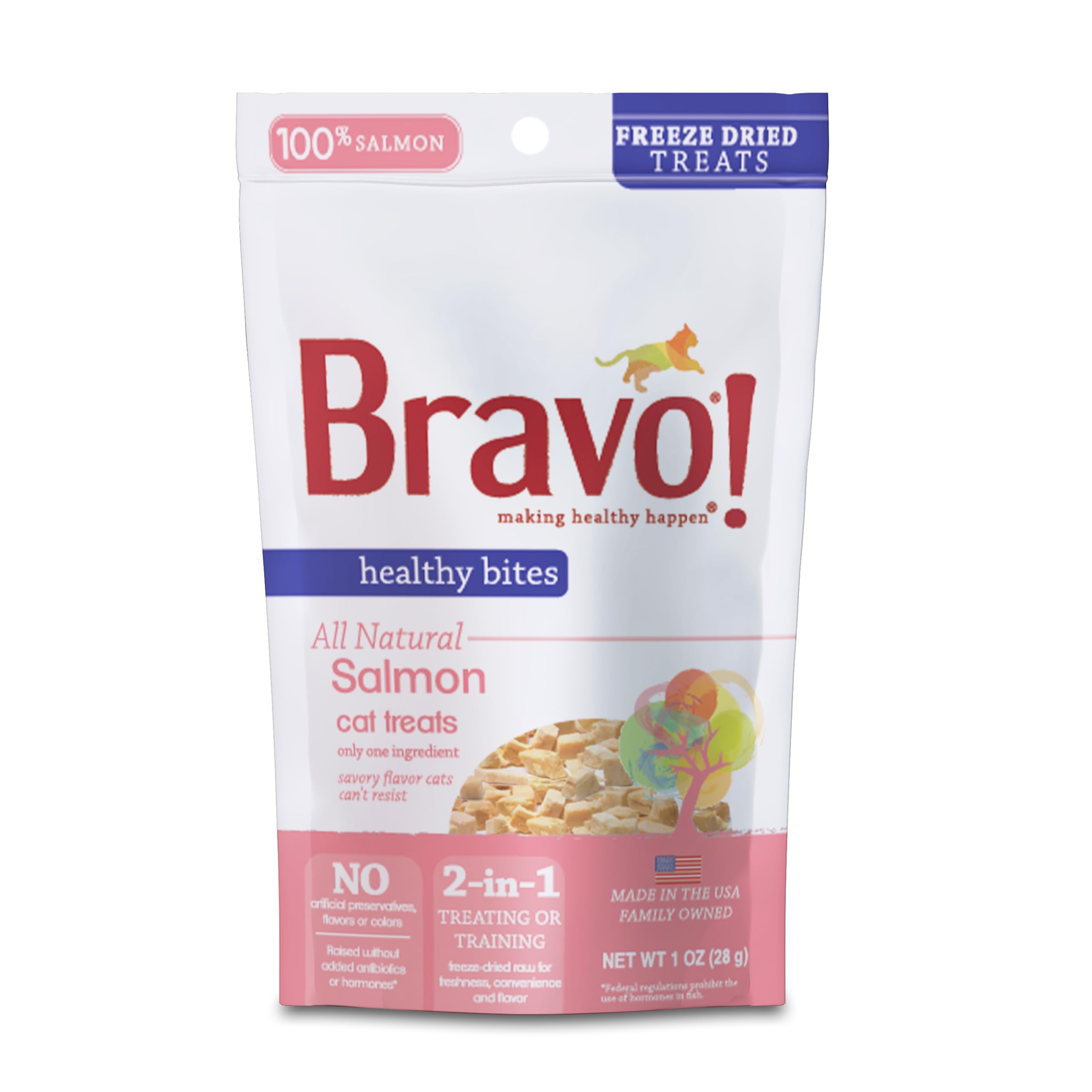 Bravo! Healthy Bites Single Ingredient Freeze Dried Raw Cat Treats, Salmon, 1 Ounce, High Protein, Grain Free, Gluten Free