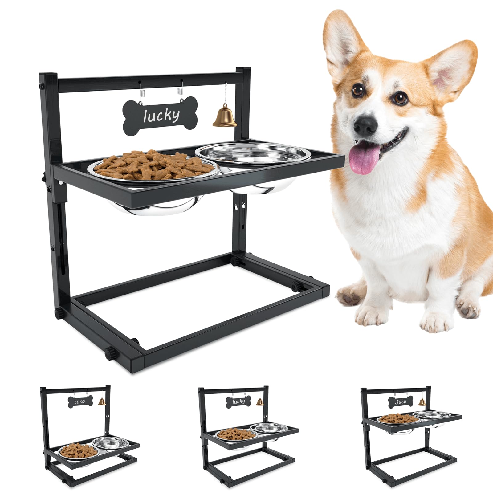 SHAINFUN Elevated Dog Bowls for Medium Dogs and Cats - Raised Cat or Dog Bowl Stand with Adjustable Height and Two Stainless Ste