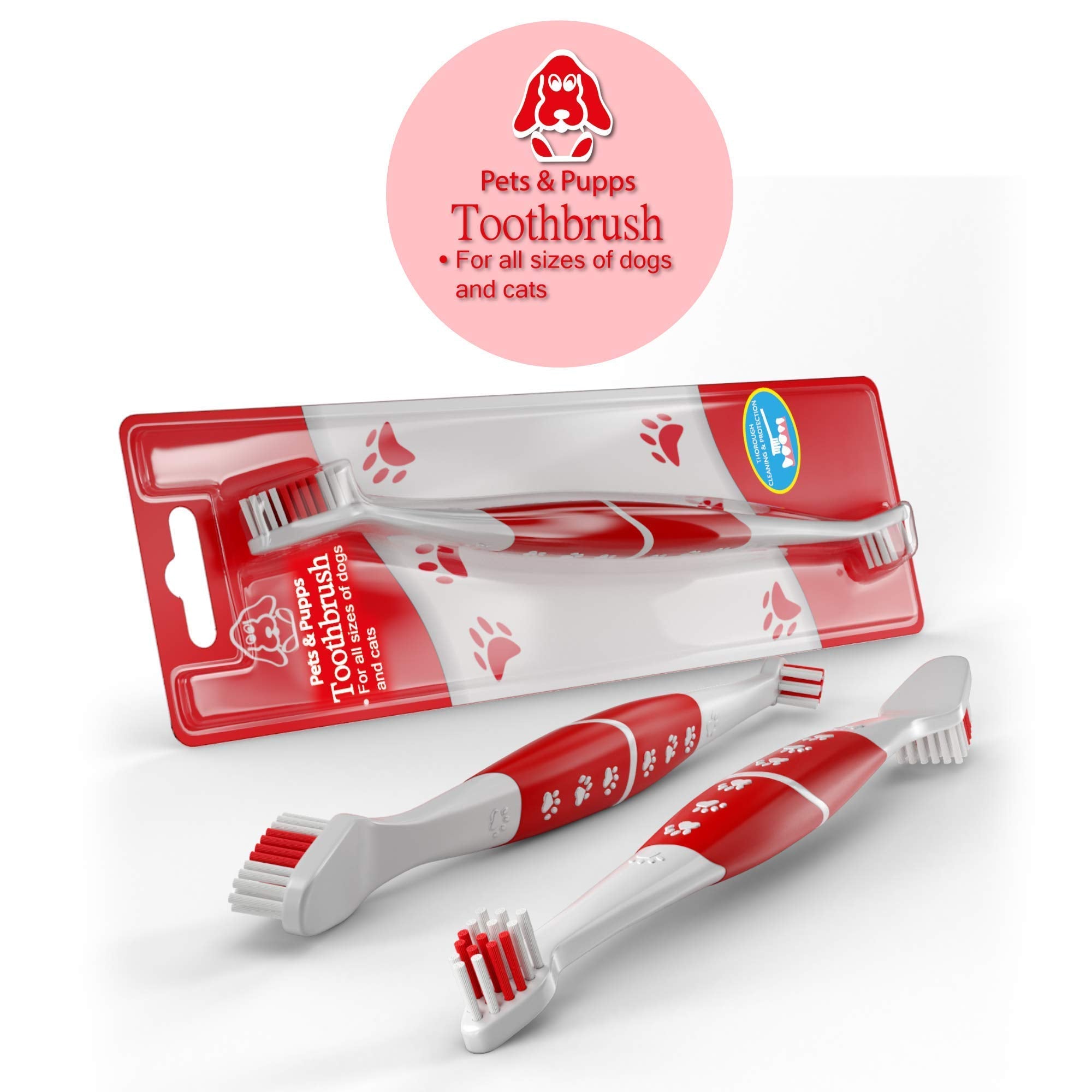 Pets & Pupps Pet Toothbrush for Dogs & Cats, Soft Bristles, Non-Slip Dual Head, Pack of 1, White & Red