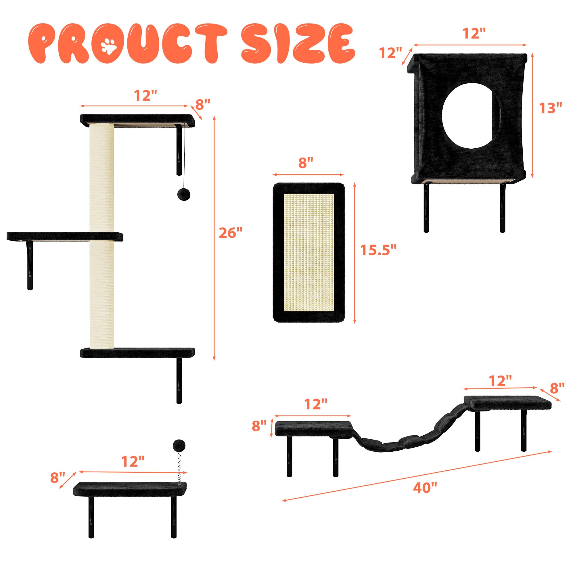 Nunu Lab Cat Wall Shelves Set, 5 Pcs Wall-Mounted Cat Climber With Cat House, Bridge, Scratching Post, Hammock, Wall Shelves, Bl