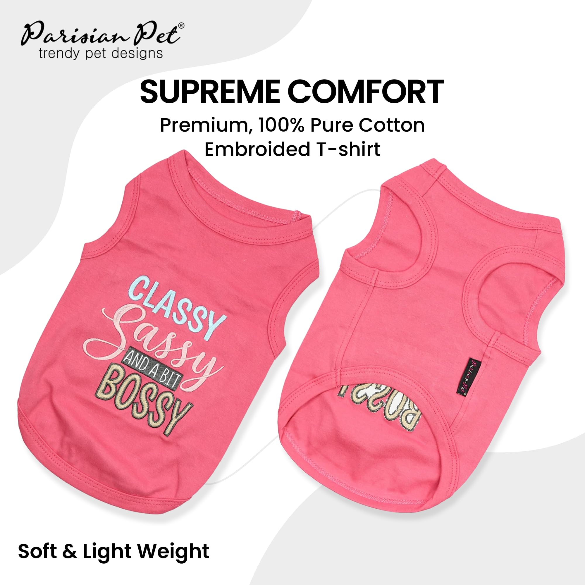 Parisian Pet Dog T-Shirt With Embroidered 'Classy, Sassy And Bit Bossy' Words - 100% Cotton, Pink Dog Clothes - Cute Pet Vest - Machine Washable Dog Shirt For Large Dogs, 3Xl