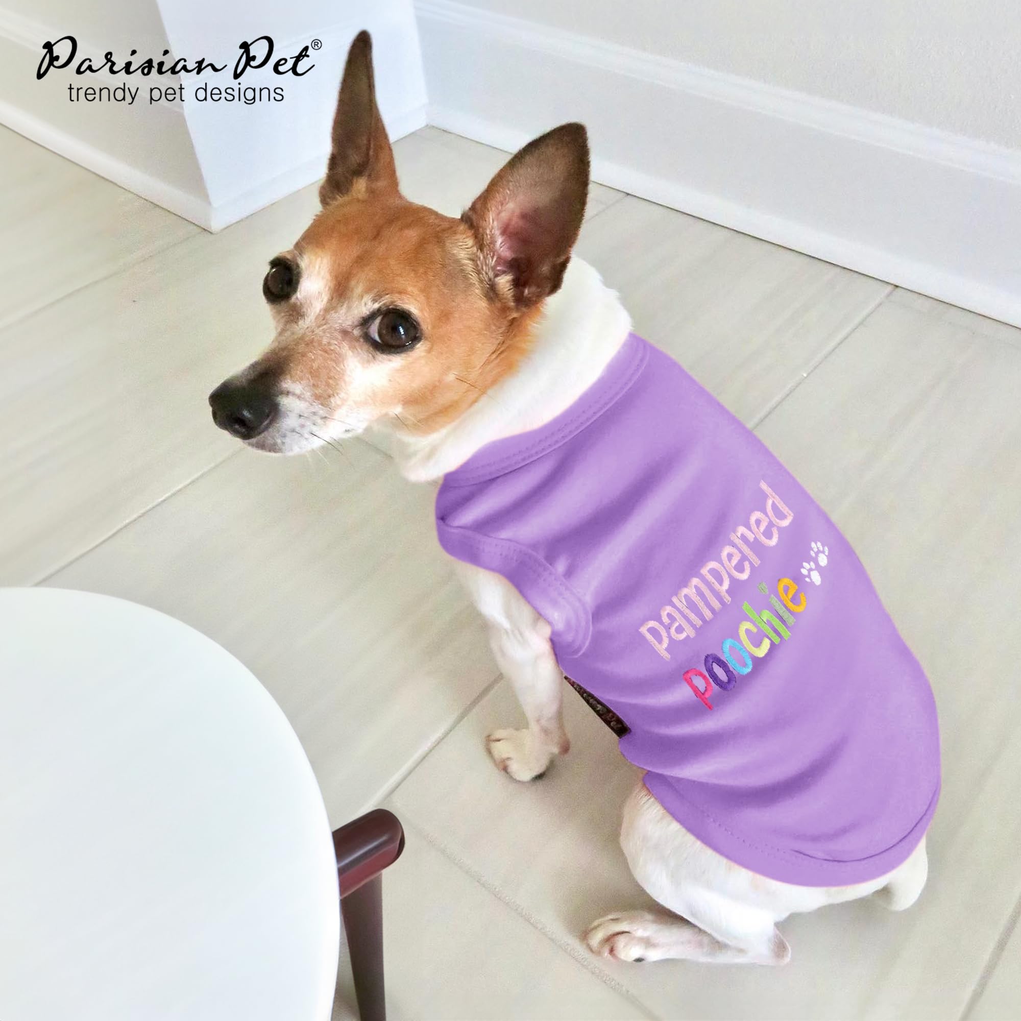 Parisian Pet Black Dog T-Shirt - Embroidered Pampered Poochie Dog Clothes - 100% Cotton, Breathable Tee Shirts - Sleeveless Pet