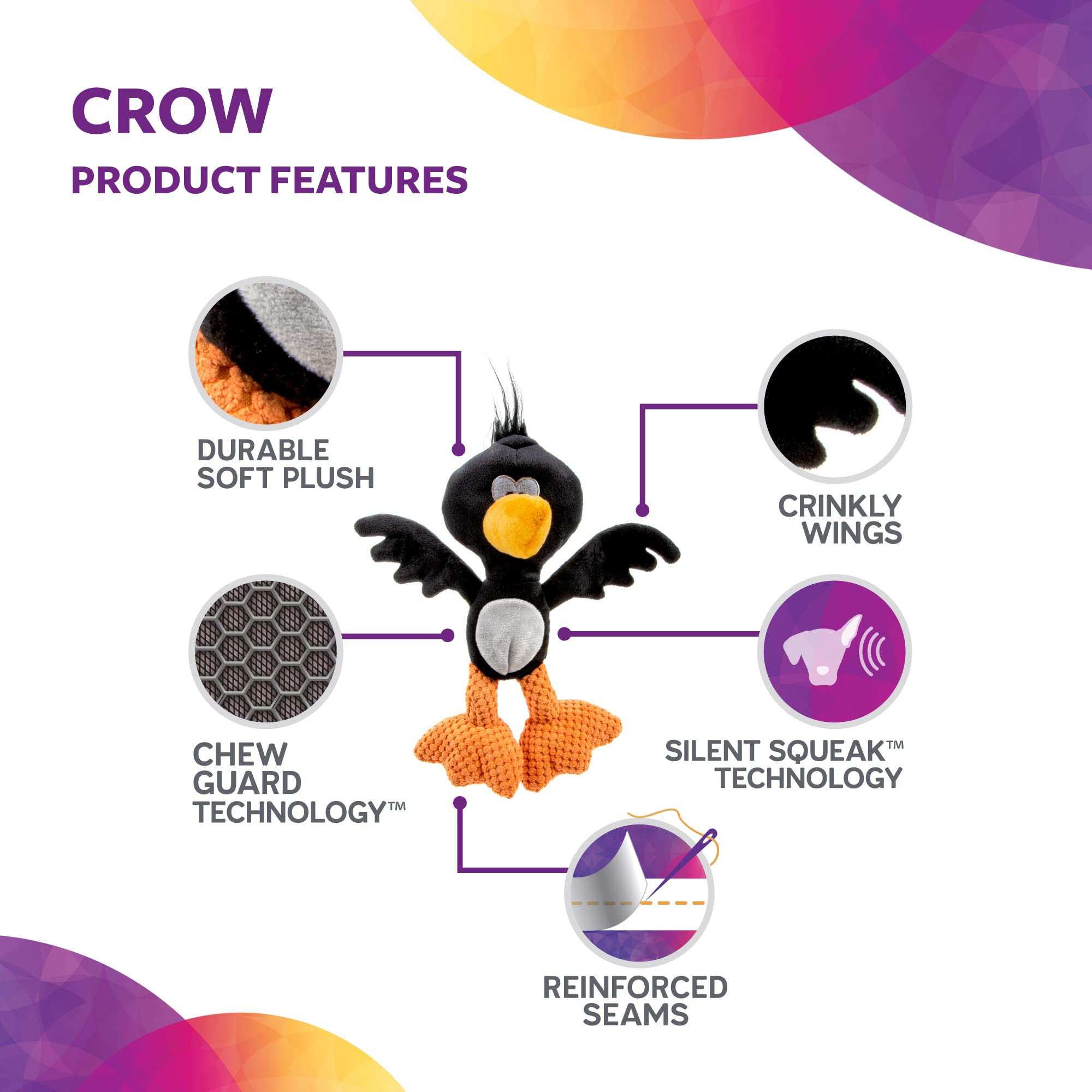 Trustypup Strong 'N Silent Birds Crow Silent Squeak Plush Dog Toy, Chew Guard Technology - Black, Large