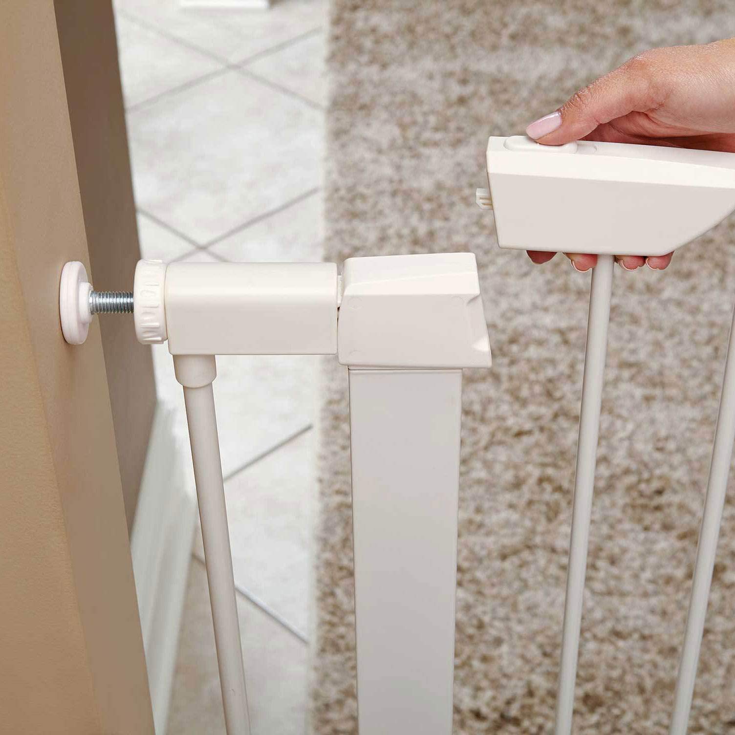 Midwest Homes For Pets 39 Inches Tall Walk-Through Steel Pet Gate, Pressure Mounted Dog Gate Measures 29 - 38 Inches Wide & Includes Two 3-Inch-Wide Extensions, White