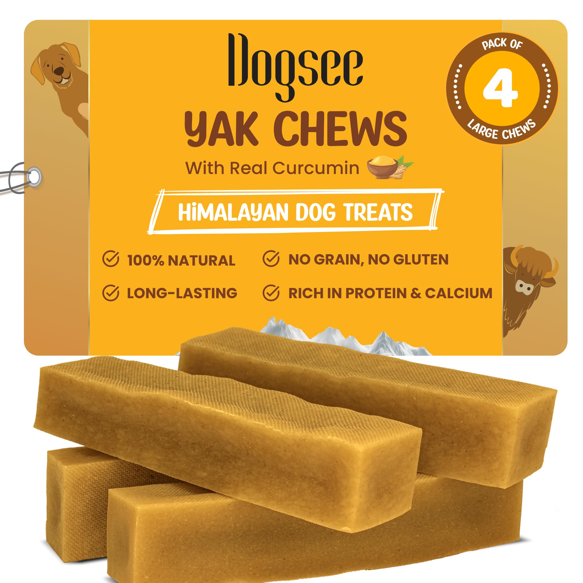 Dogsee Yak Cheese Chews for Dogs - Large 1lb Pack of 4 with Turmeric - Hip & Joint Health, Dental Care, Goldenrod Color