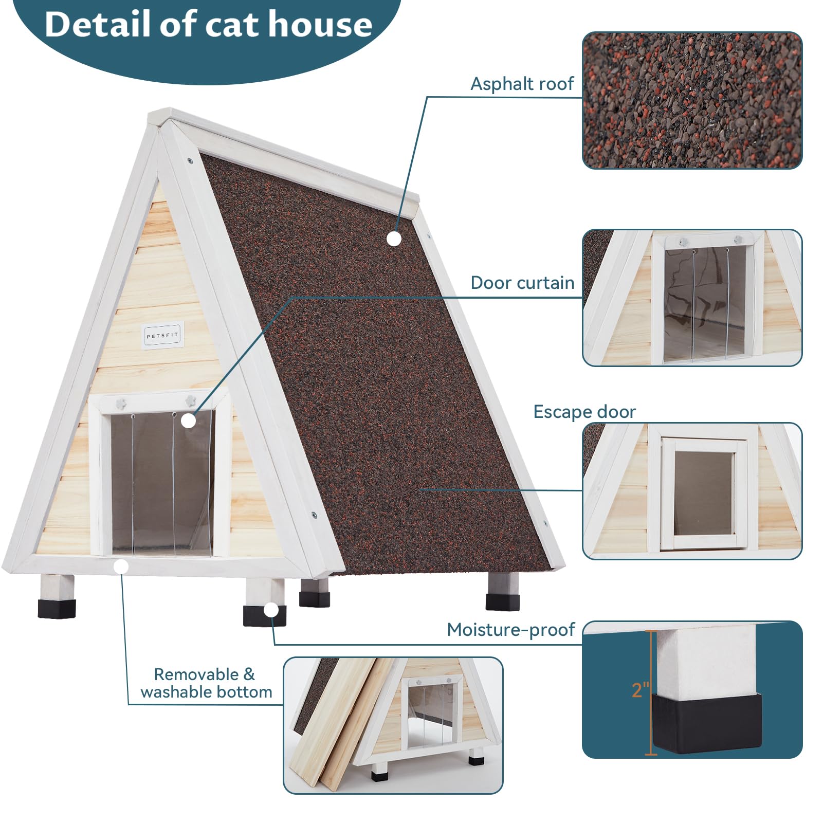 Petsfit Outdoor Cat House - Weatherproof Feral Cat Shelter with Escape Door, Solid Wood, Model CHW10203