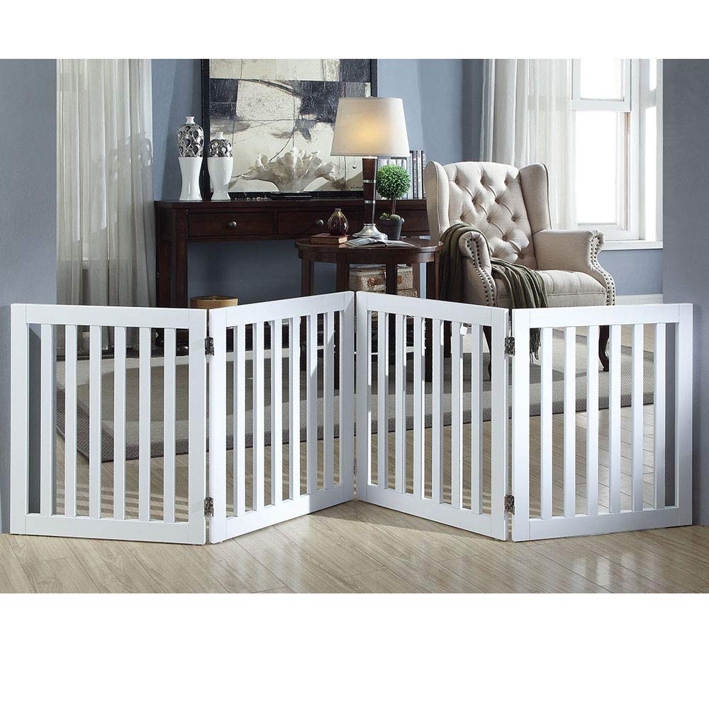 Unipaws 24? Free Standing Pet Gate For Dog Cat Baby, Wooden Dog Gates For Doorway, Stairs, Step Over Foldable Pet Fence For The House, Expandable Dog Barrier, Indoor Use, White