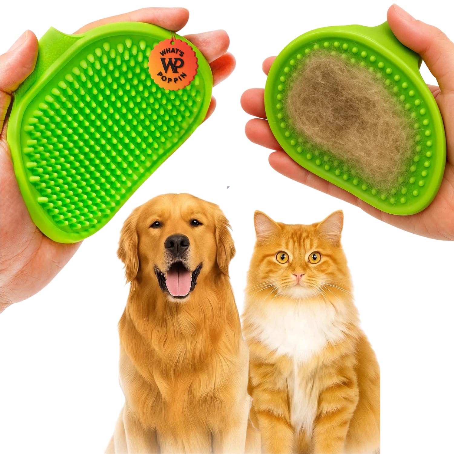 WhatS Poppin Soft Rubber Palm Deshedding Comb For Dogs & Cats | Flexible Grooming Mitt With Curved Grip Fit | Removes Loose Fur