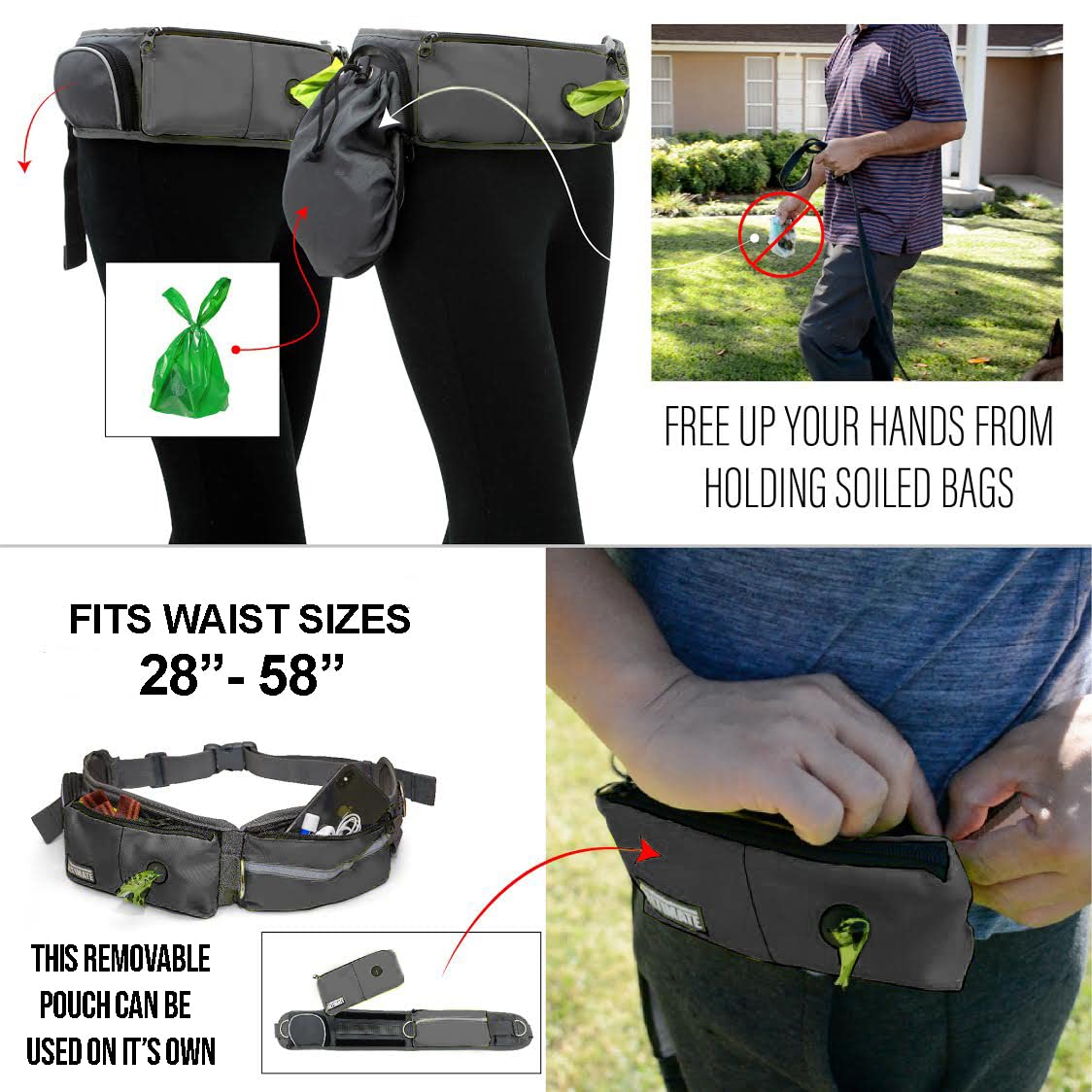 TAKSIN Hands-Free Dog Leash System, Reflective Bungee, Treat Holder, Poop Bag Dispenser, Grey, One Dog