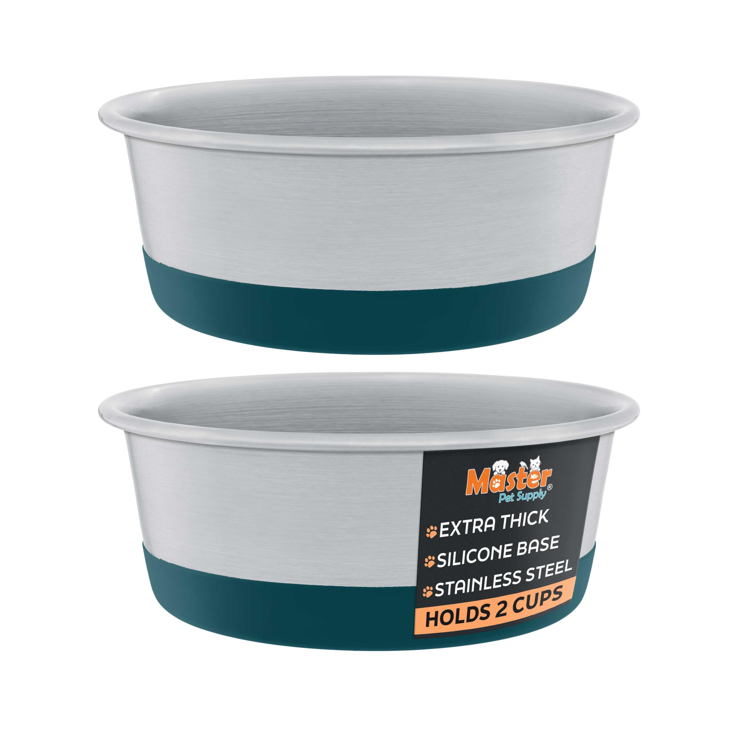 Master Pet Supply Stainless Steel Dog Bowls Set of 2 with Extra Thick Silicone Base - 2 Cup (16 oz) Emerald Sea, Non-Slip, Dishw