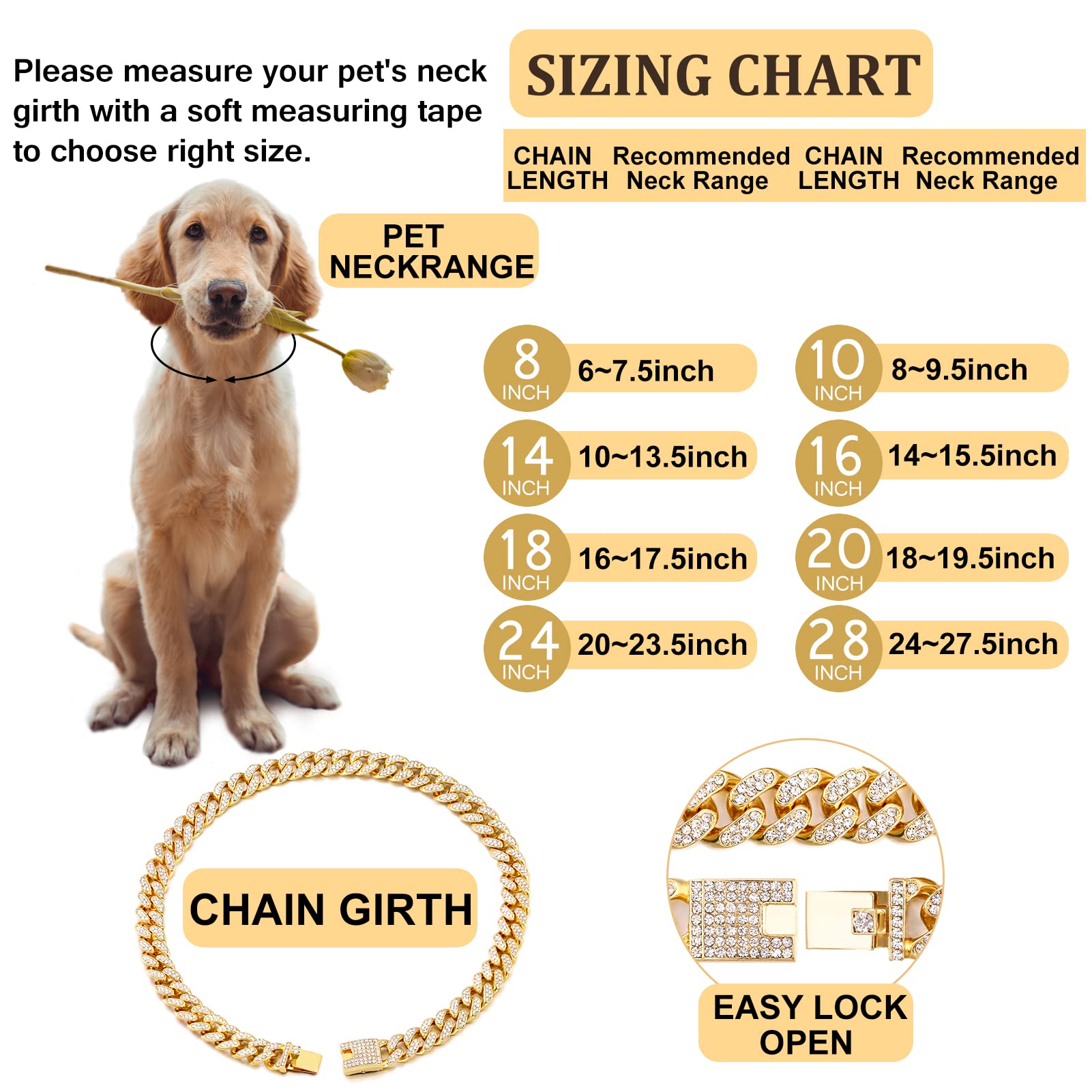 Flatfoosie Cuban Link Dog Collar Gold Silver Color Metal Dog Chain Collar Cuban Diamond Chain Pet Collars For Dogs Cats Jewelry 8/10/14/16/18/20/24/28 Inch (20Inch, Gold)