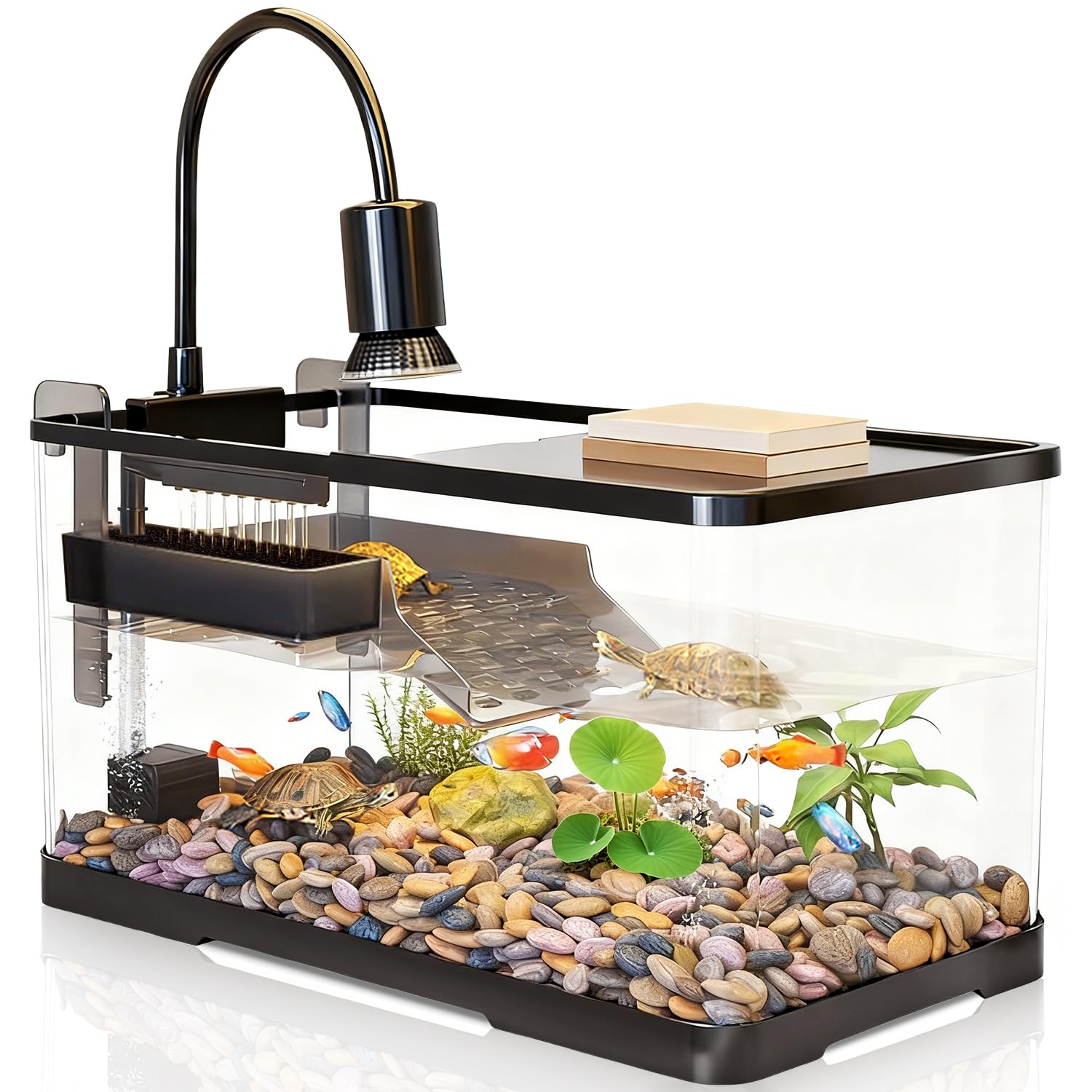 (Tank + Light +Pump + Filter + Filter Balls) Turtle Tank Kit, Turtle Tank Starter Kit,Bottom Drainage, Multi-Function Areas for 