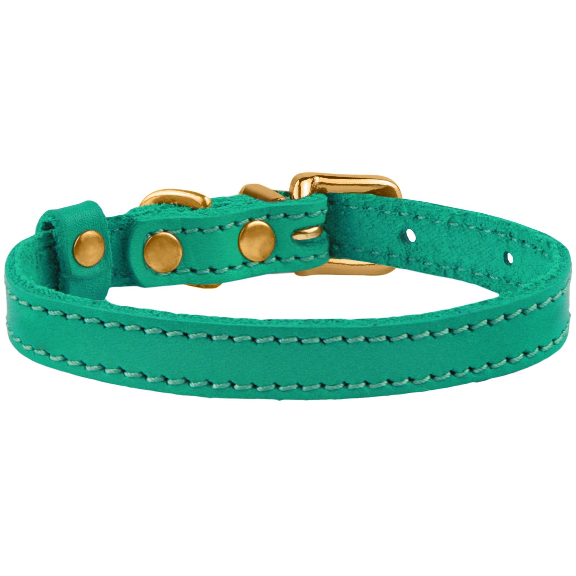 Bronzedog Leather Cat Collar With Bell Non Breakaway Kitten Qr Tag For Girl Boy (9'' - 11'' Cats/Mini Dogs, Green & Gold)