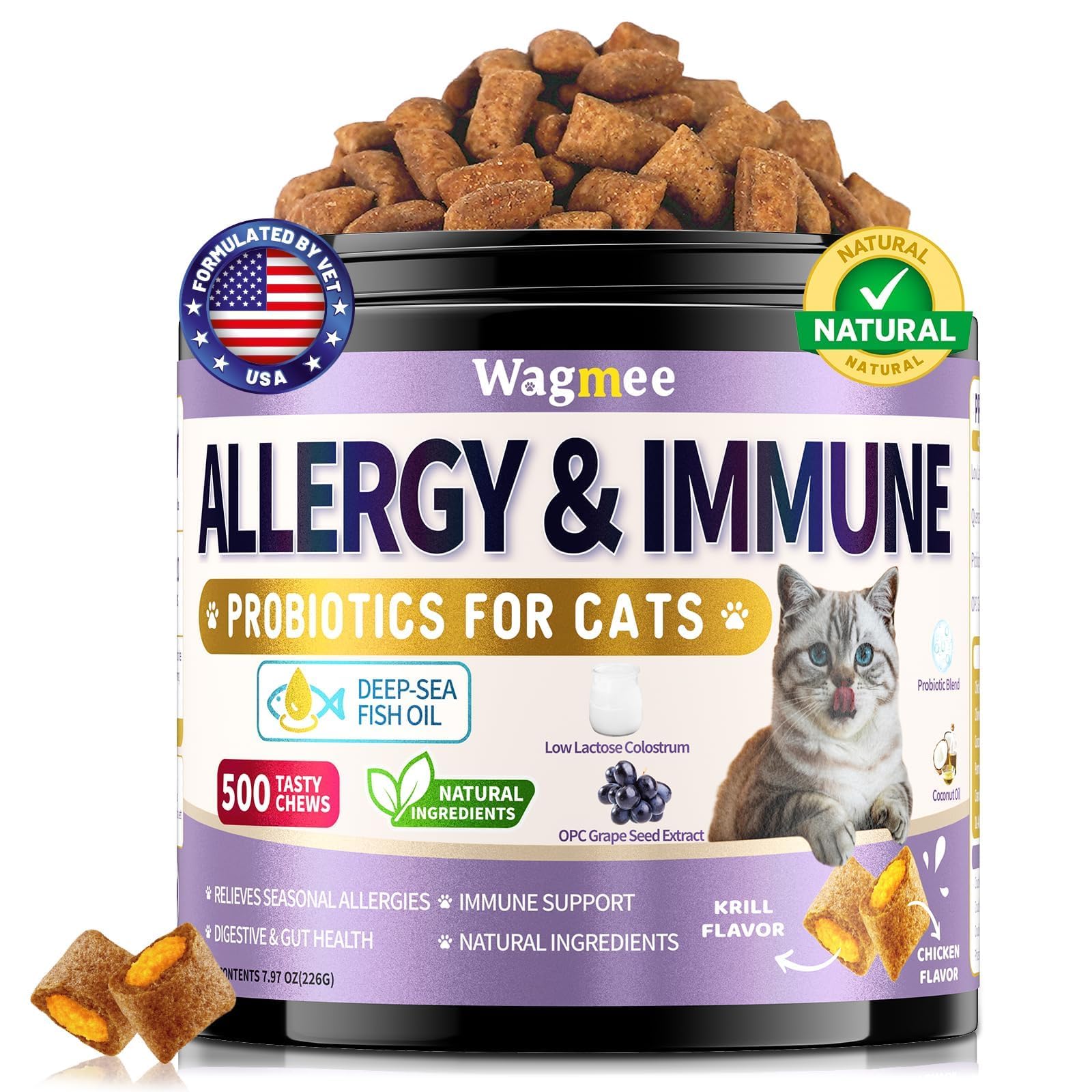 Cat Allergy Relief for Cats with Probiotics & Fish Oil - 500 Crunchy & Creamy Chews for Itchy Skin, Seasonal Allergies, Immune, 