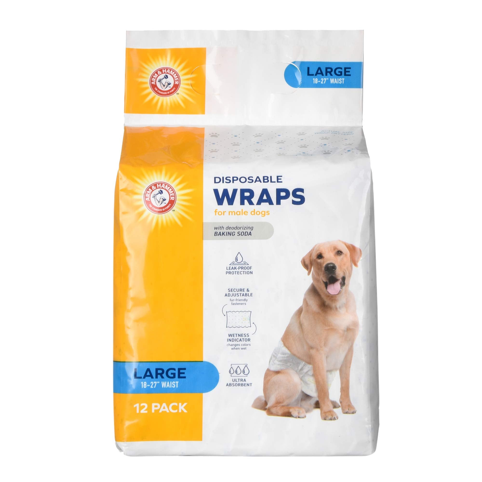 Arm & Hammer for Pets Male Dog Wraps, Size Large, 12 Count | Ultra-Absorbent, Adjustable Male Dog Diapers with Leak-Proof Protec