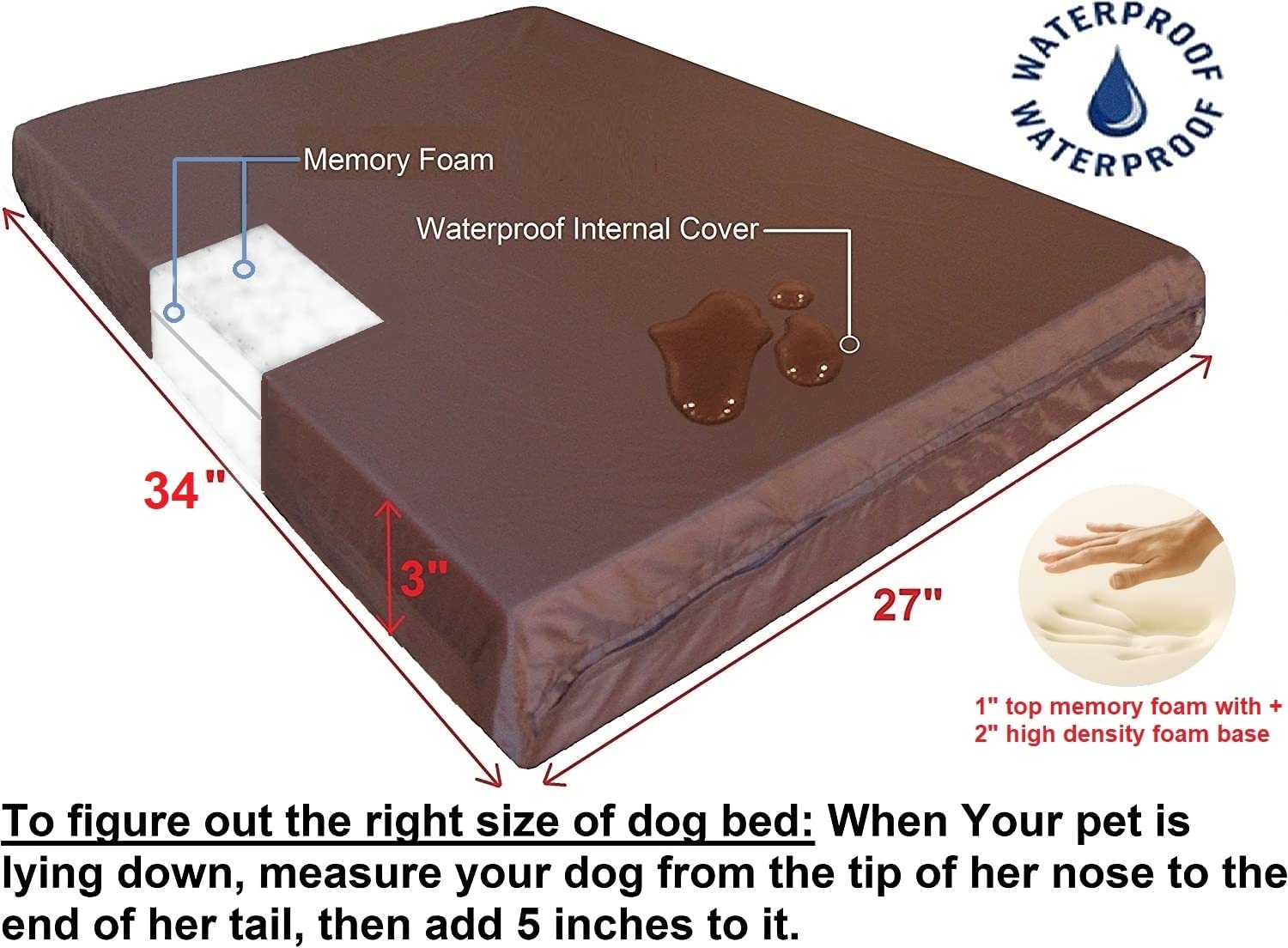 Dogbed4Less Gel Memory Foam Dog Bed For Medium Large Pet With Waterproof Internal Cover, Microsuede Khaki 34X27X3 Inches