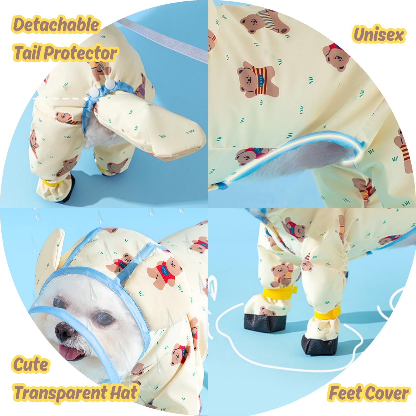 Harikaji Small Dog Raincoat, Tail Protect Feet Cover Waterproof Dog Rain Jacket Dog Rain Coat For Puppy Small Dogs (Yellow Beaar