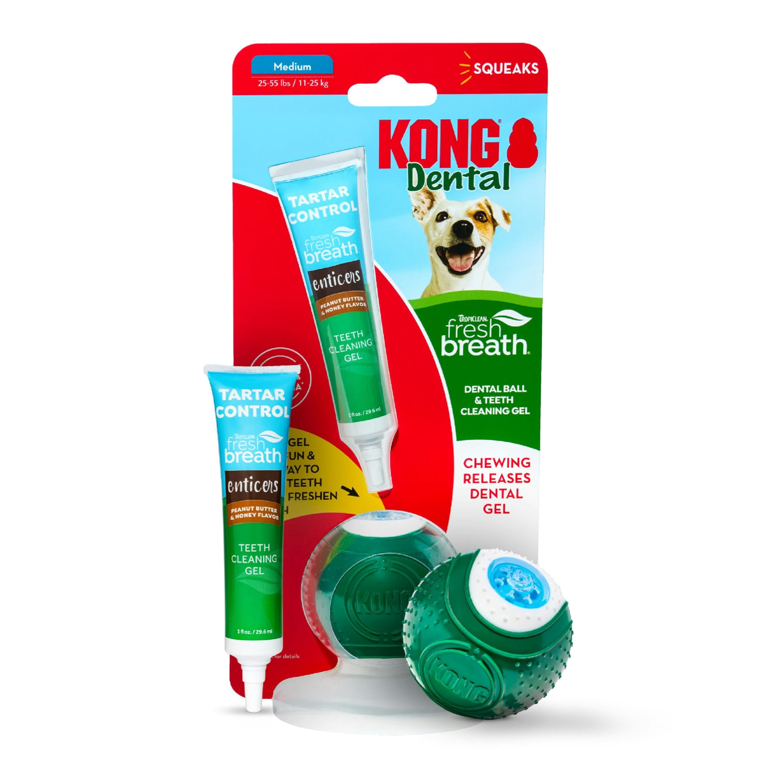 Tropiclean Fresh Breath - Kong Dental Ball For Medium Dogs - Dog Teeth Cleaning Kit - Removes Plaque - Peanut Butter & Honey Dog