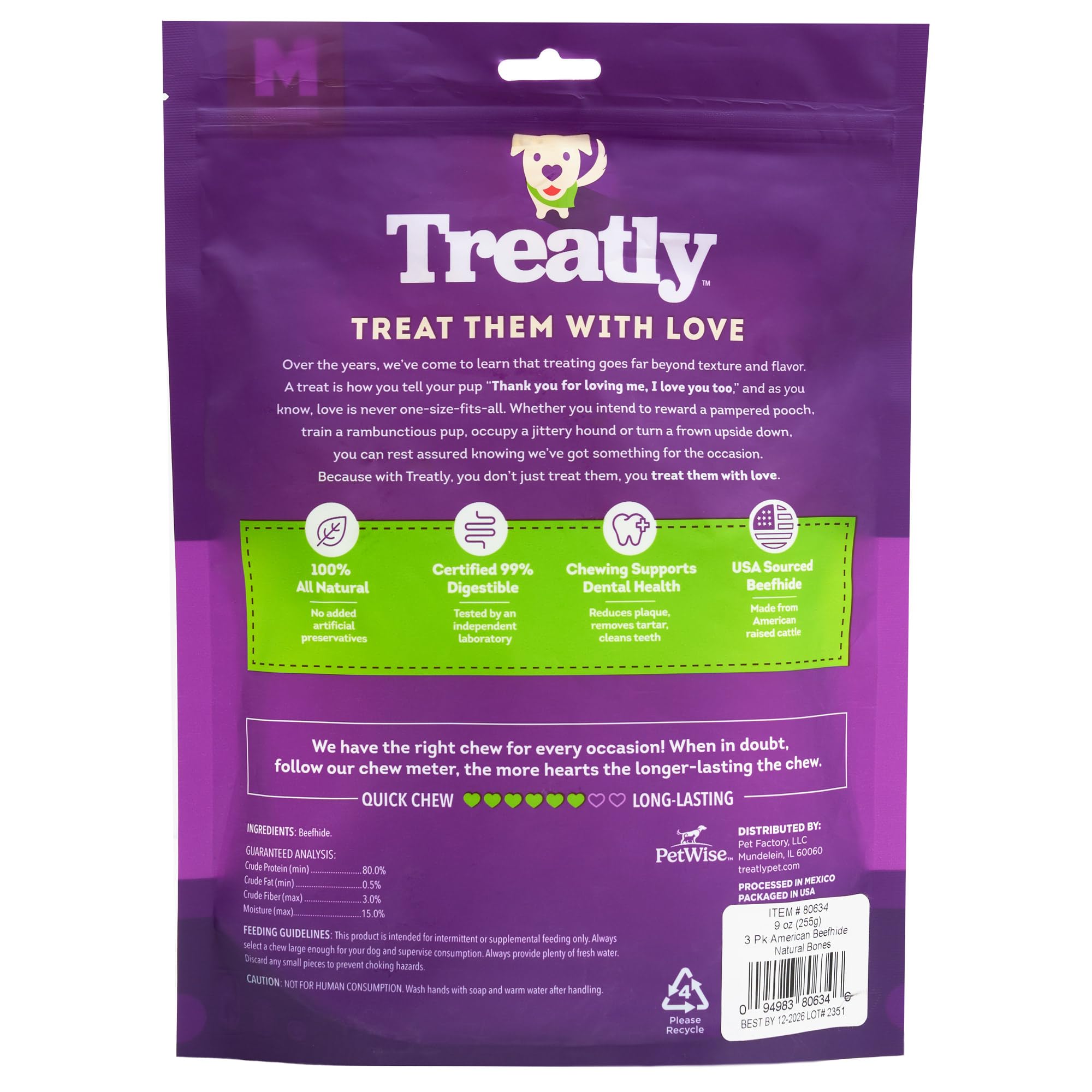 Treatly American Sourced Beefhide Bones 6-7 Dog Chew Treats - Natural Flavor, 3 Count/1 Pack