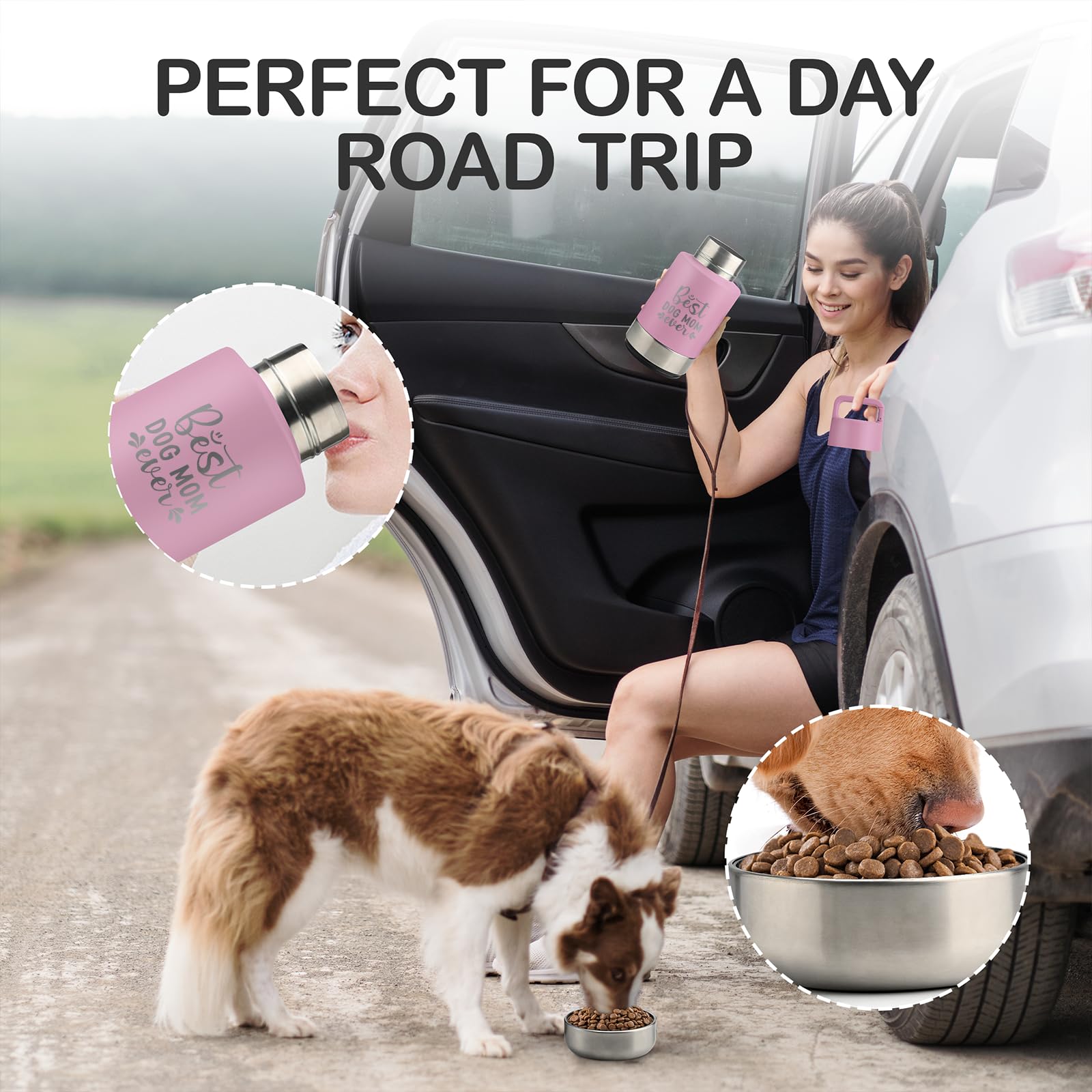KEWIXY Insulated Dog Travel Water Bottle Dispenser, 32 Oz, Stainless Steel, Pink: Best Dog Mom, Model HD-010-TX